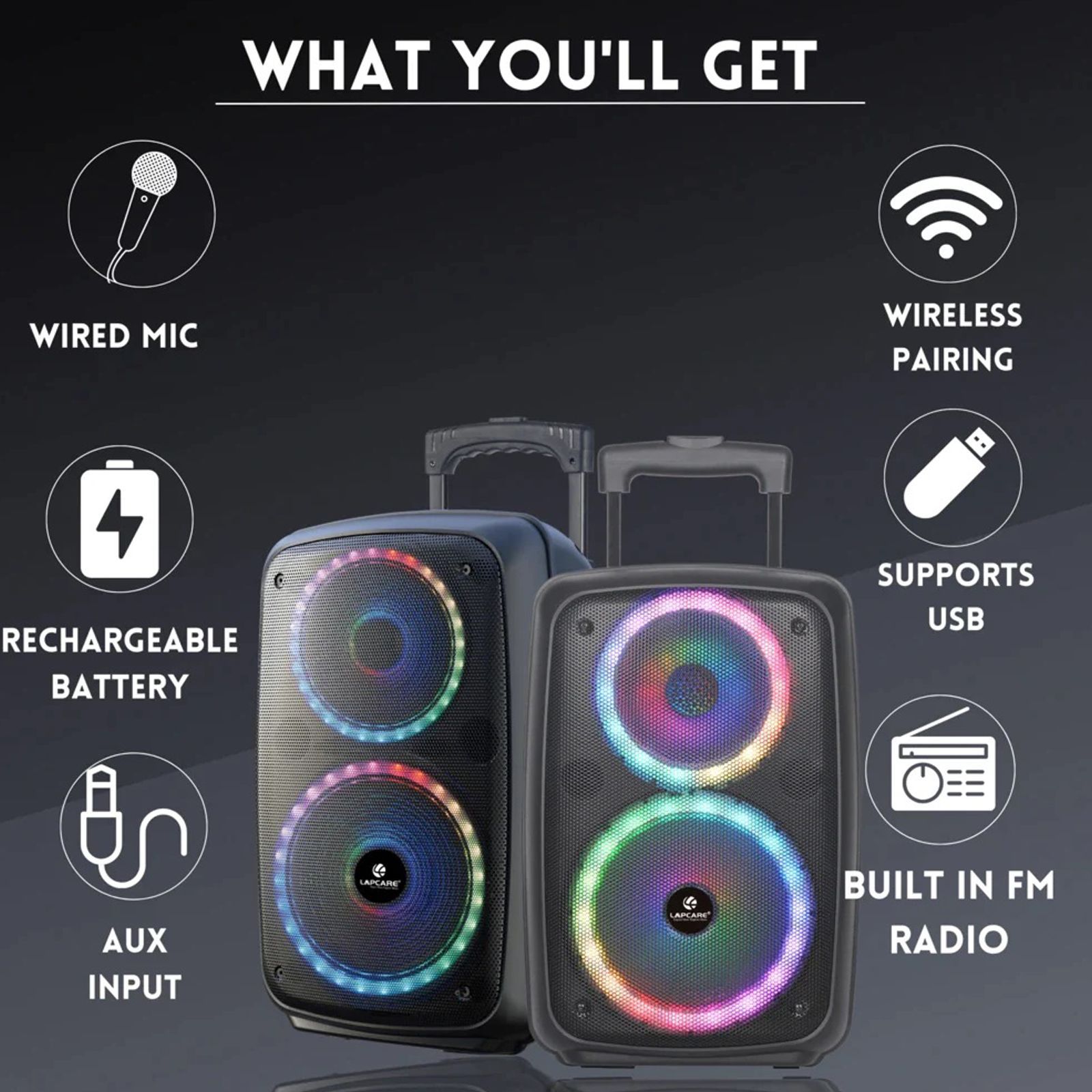 LAPCARE LAPSONIC 30W Bluetooth Party Speaker with Mic (Built-in FM Radio, Stereo Channel, Black) LAPCARE LAPSONIC 30W Bluetooth Party Speaker with Mic (Built-in FM Radio, Stereo Channel, Black)_12