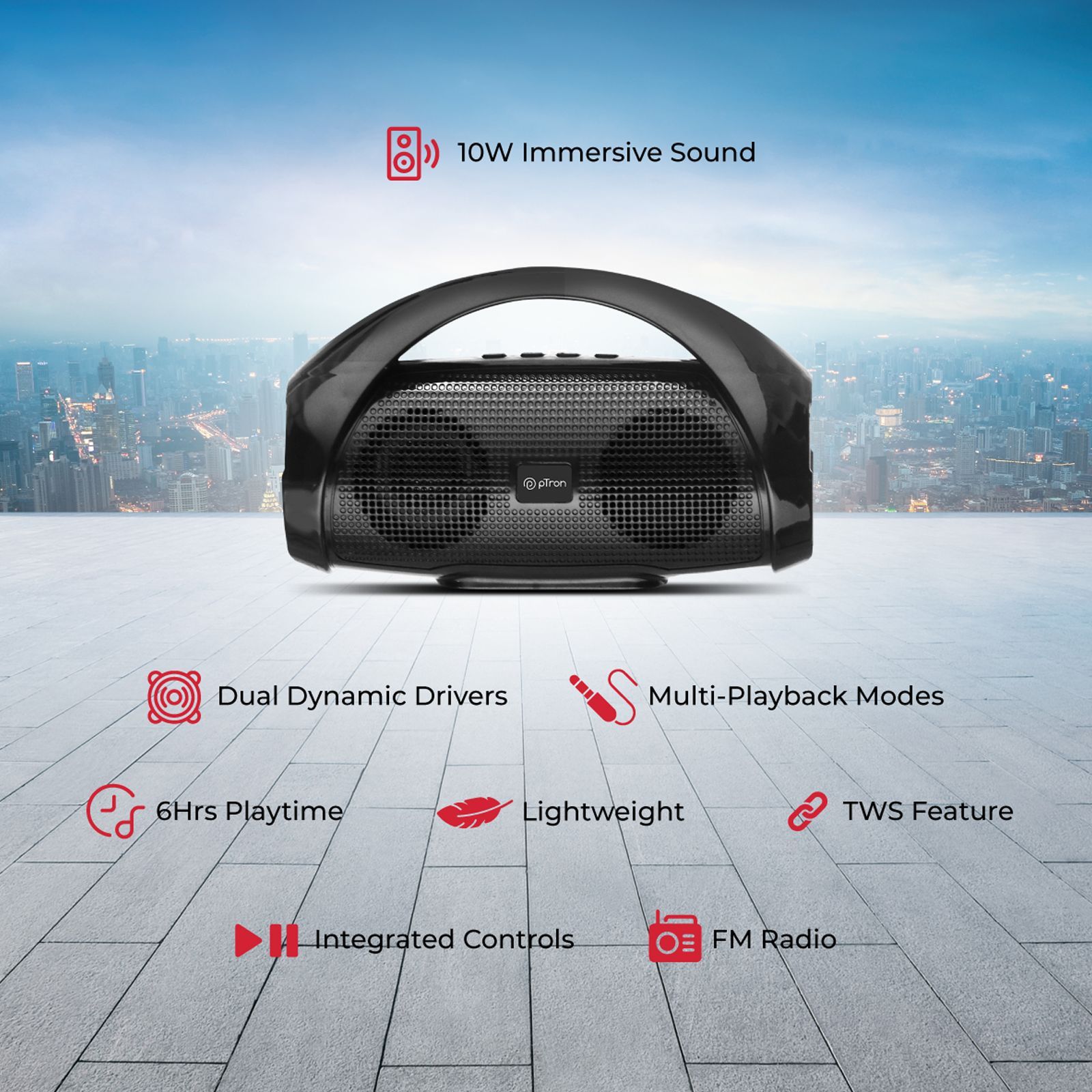 pTron Funk Duet 10W Portable Bluetooth Speaker (Wireless Subwoofer, Black)_2