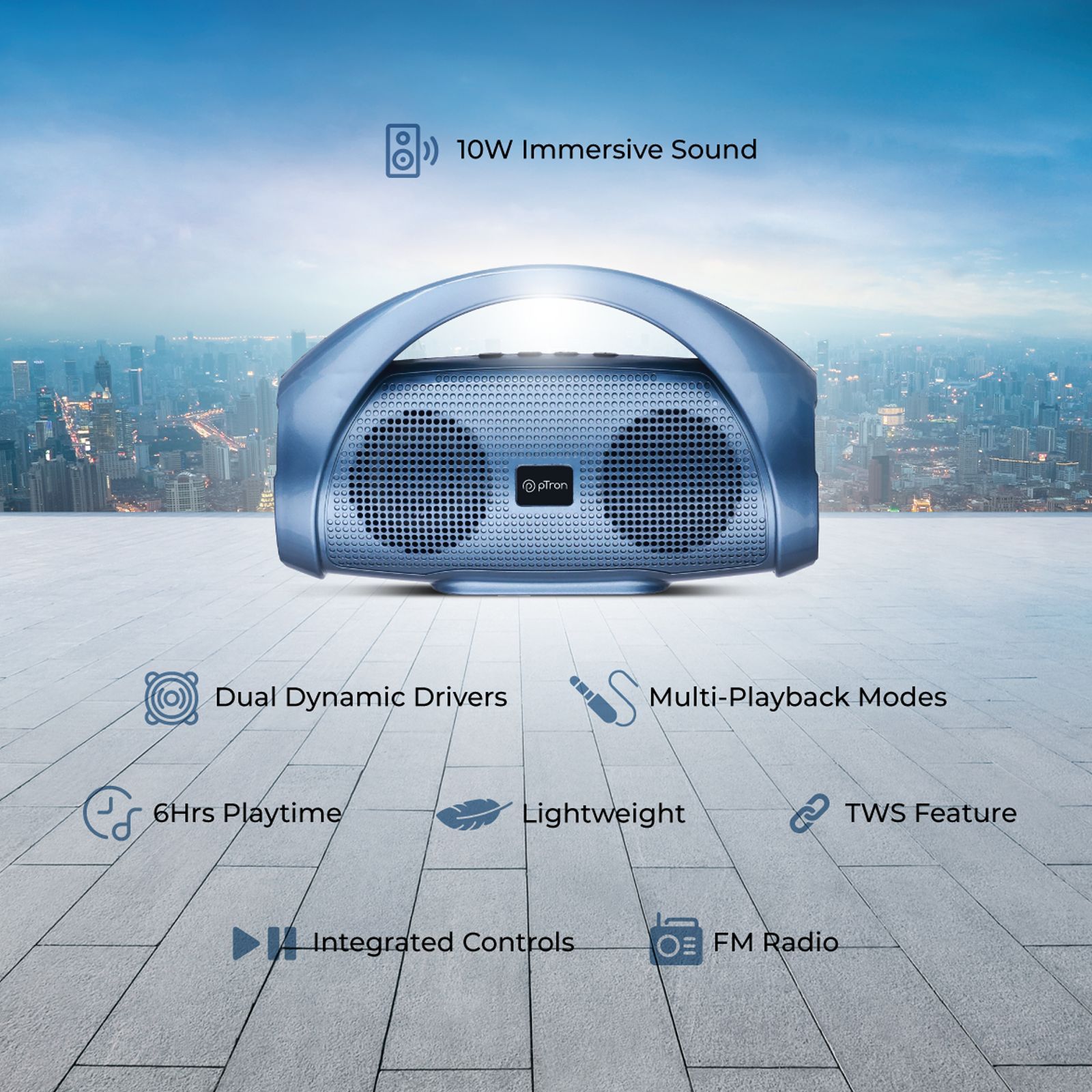 pTron Funk Duet 10W Portable Bluetooth Speaker (Wireless Subwoofer, Blue)_3