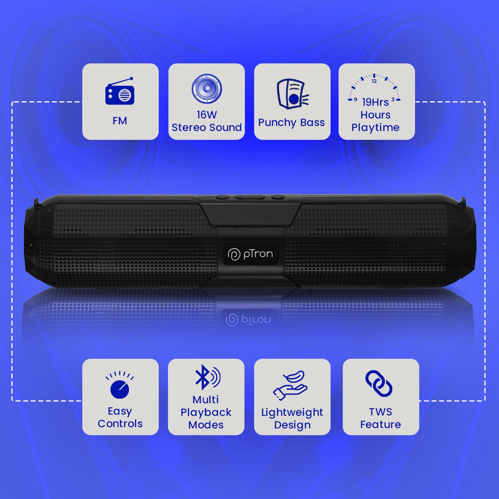 pTron Funk Wave 16W Portable Bluetooth Speaker (19 Hours Battery Life, Black)_6