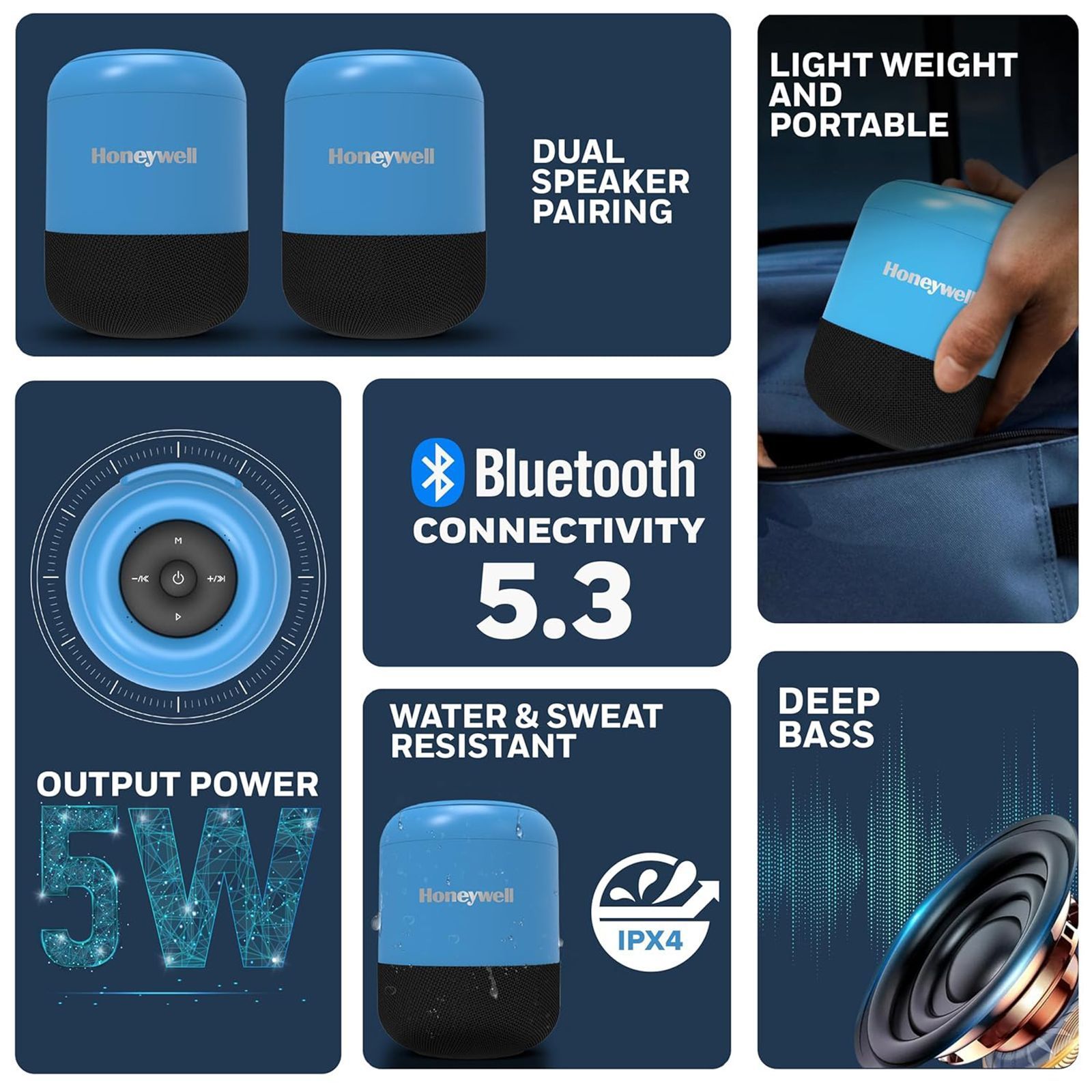 Honeywell Moxie V200 5W Portable Bluetooth Speaker (IPX4 Water Resistant, 52 mm Drivers, Stereo Channel, Blue) Honeywell Moxie V200 5W Portable Bluetooth Speaker (IPX4 Water Resistant, 52 mm Drivers, Stereo Channel, Blue)_13