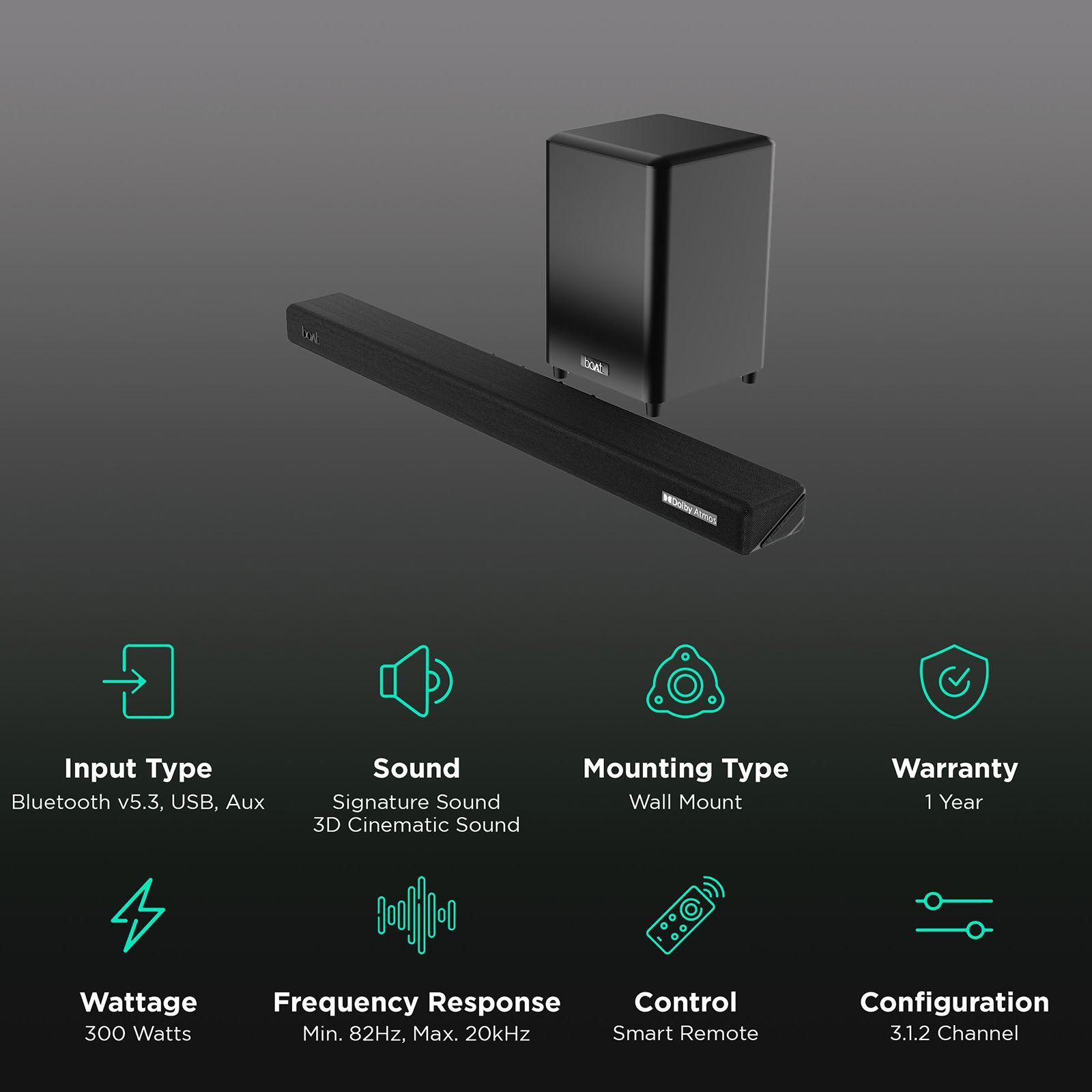 boAt Aavante Bar 4100DA 300W Bluetooth Soundbar with Remote (Dolby Atmos, 3.1.2 Channel, Premium Black) boAt Aavante Bar 4100DA 300W Bluetooth Soundbar with Remote (Dolby Atmos, 3.1.2 Channel, Premium Black)_2