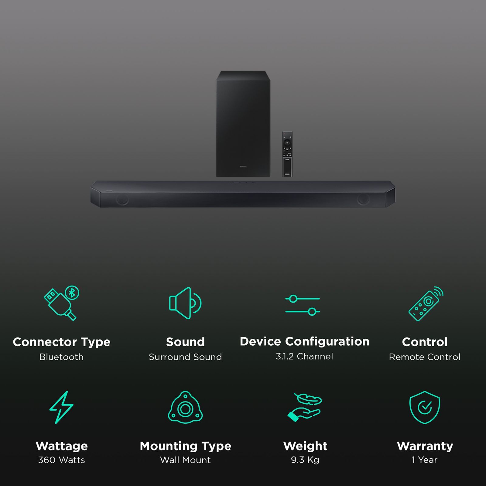 SAMSUNG HWQ600CXL 360W Bluetooth Soundbar with Remote (Dolby Atmos, 3.1.2 Channel, Titan Black)_2