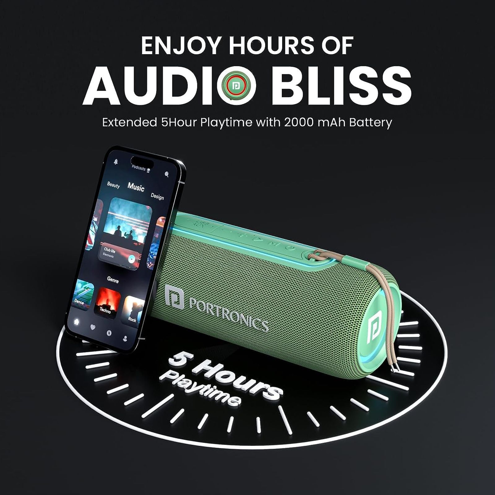 PORTRONICS Resound 2 15W Portable Bluetooth Speaker (IPX5 Water Resistant, 5 Hours Playtime, Green)_15