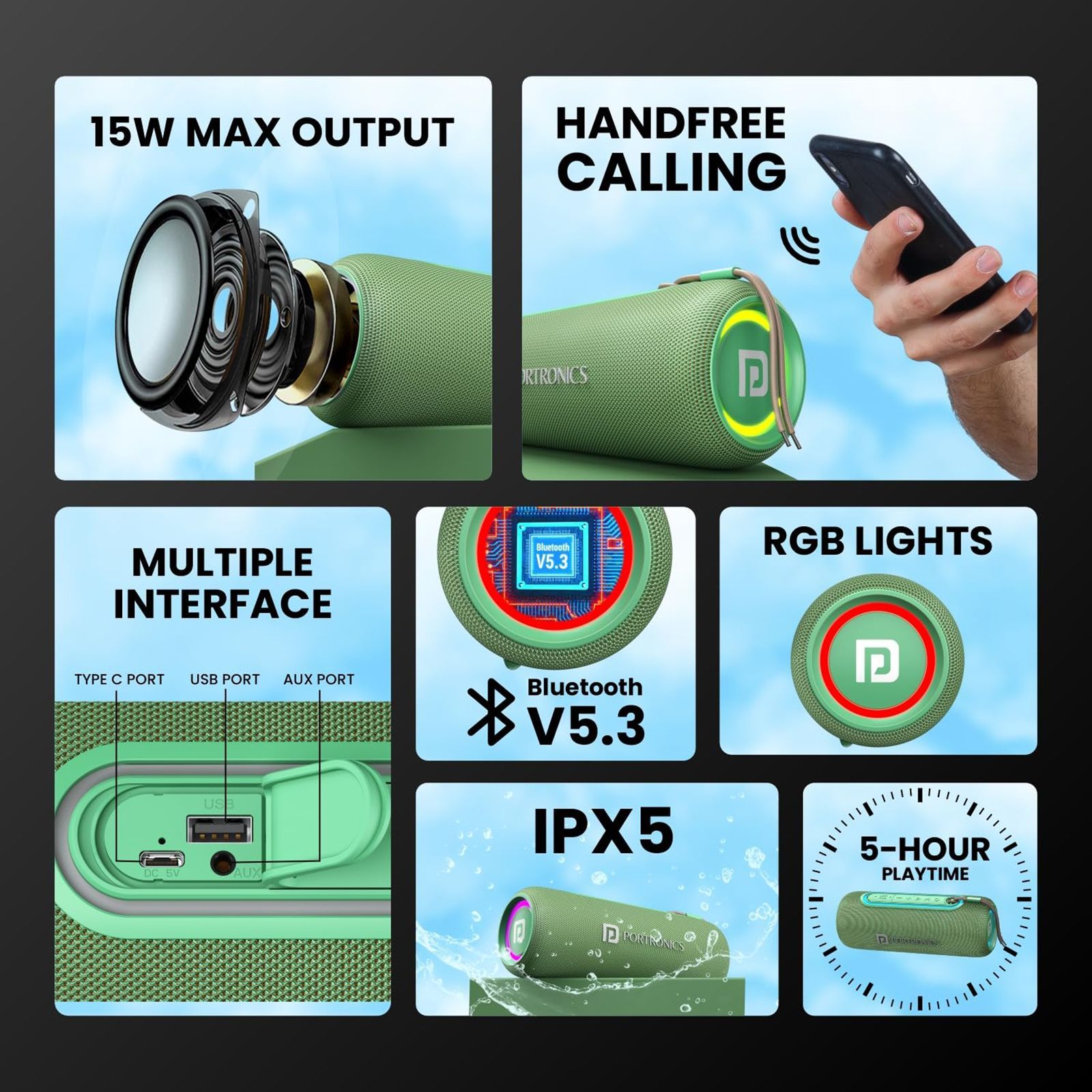 PORTRONICS Resound 2 15W Portable Bluetooth Speaker (IPX5 Water Resistant, 5 Hours Playtime, Green)_10