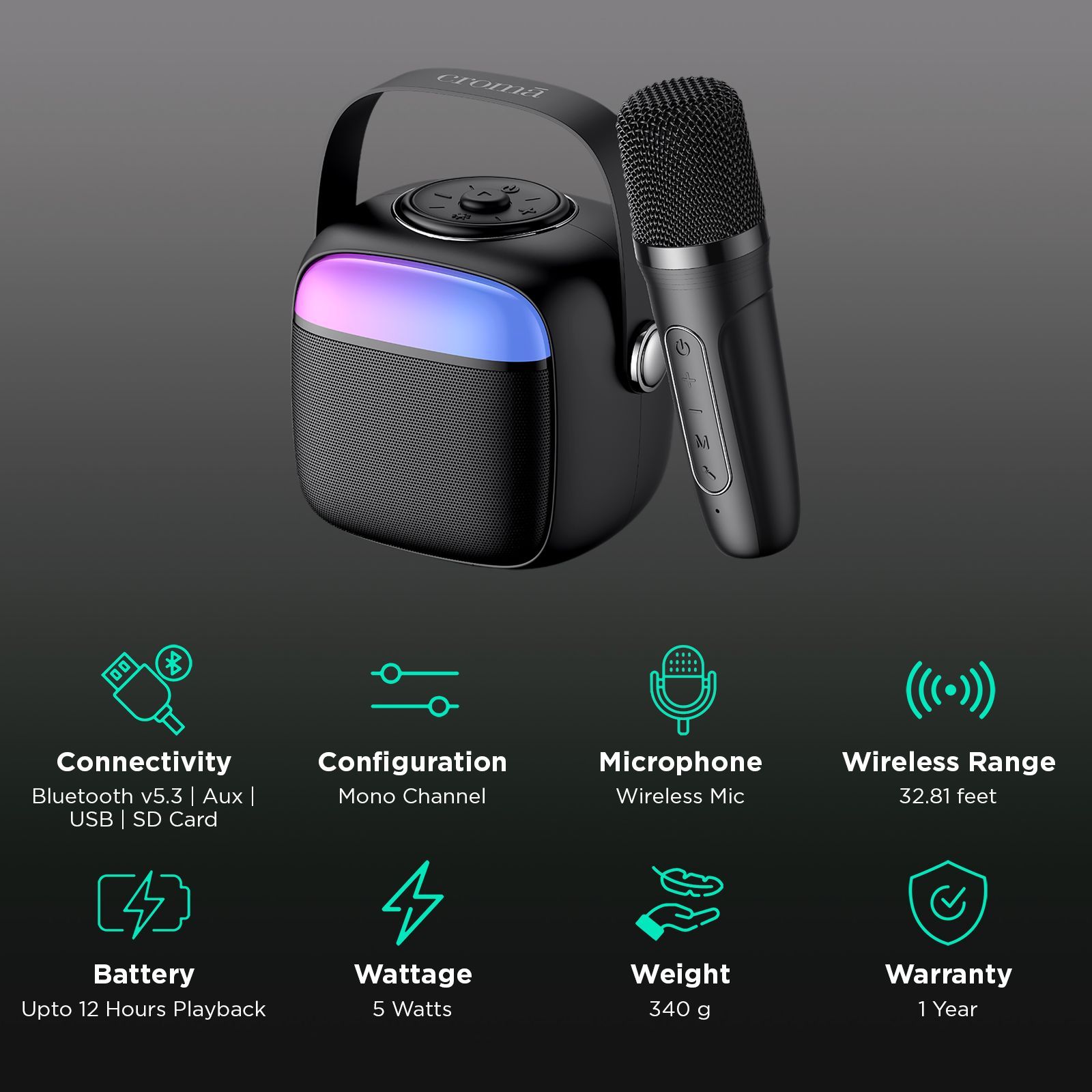 Croma 5W Portable Bluetooth Speaker (Ambient LED Light, Mono Channel, Black)_2