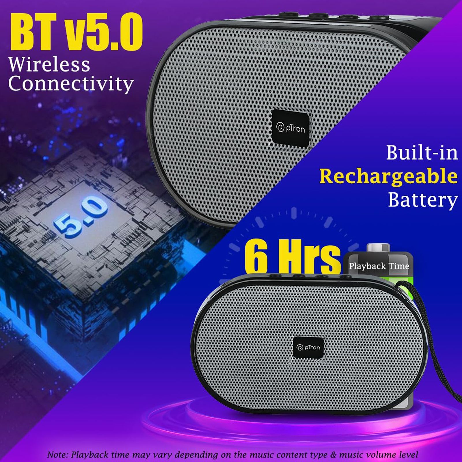 pTron Fusion Hook 6W Portable Bluetooth Speaker (52mm Dynamic Driver, Grey)_4