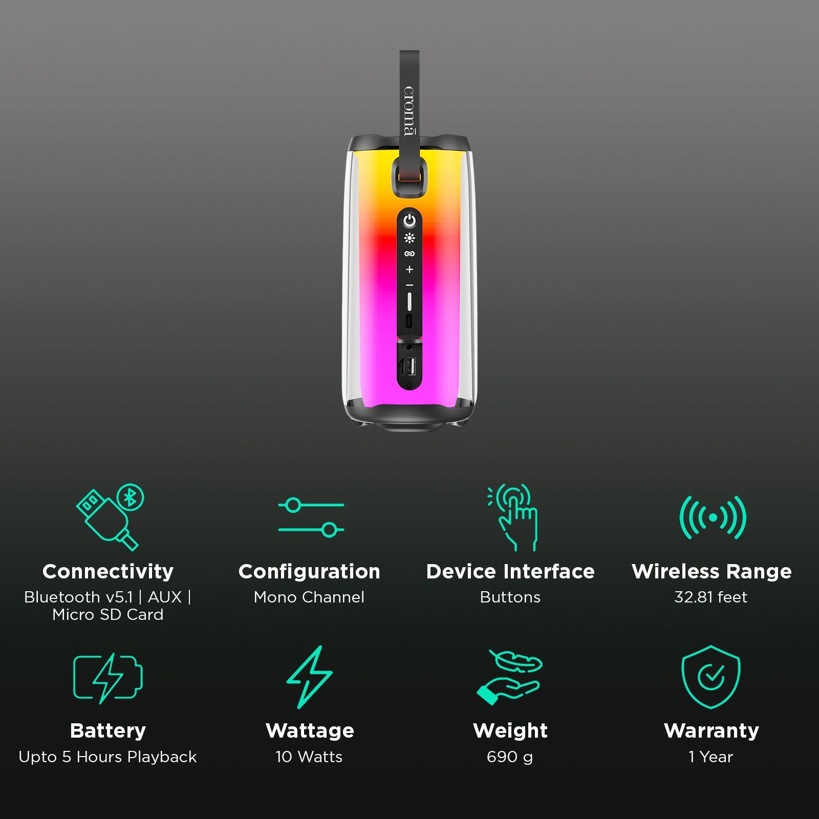 Croma 10W Portable Bluetooth Speaker (RGB Light, 5 Hours Playback, Mono Channel, Black)_2