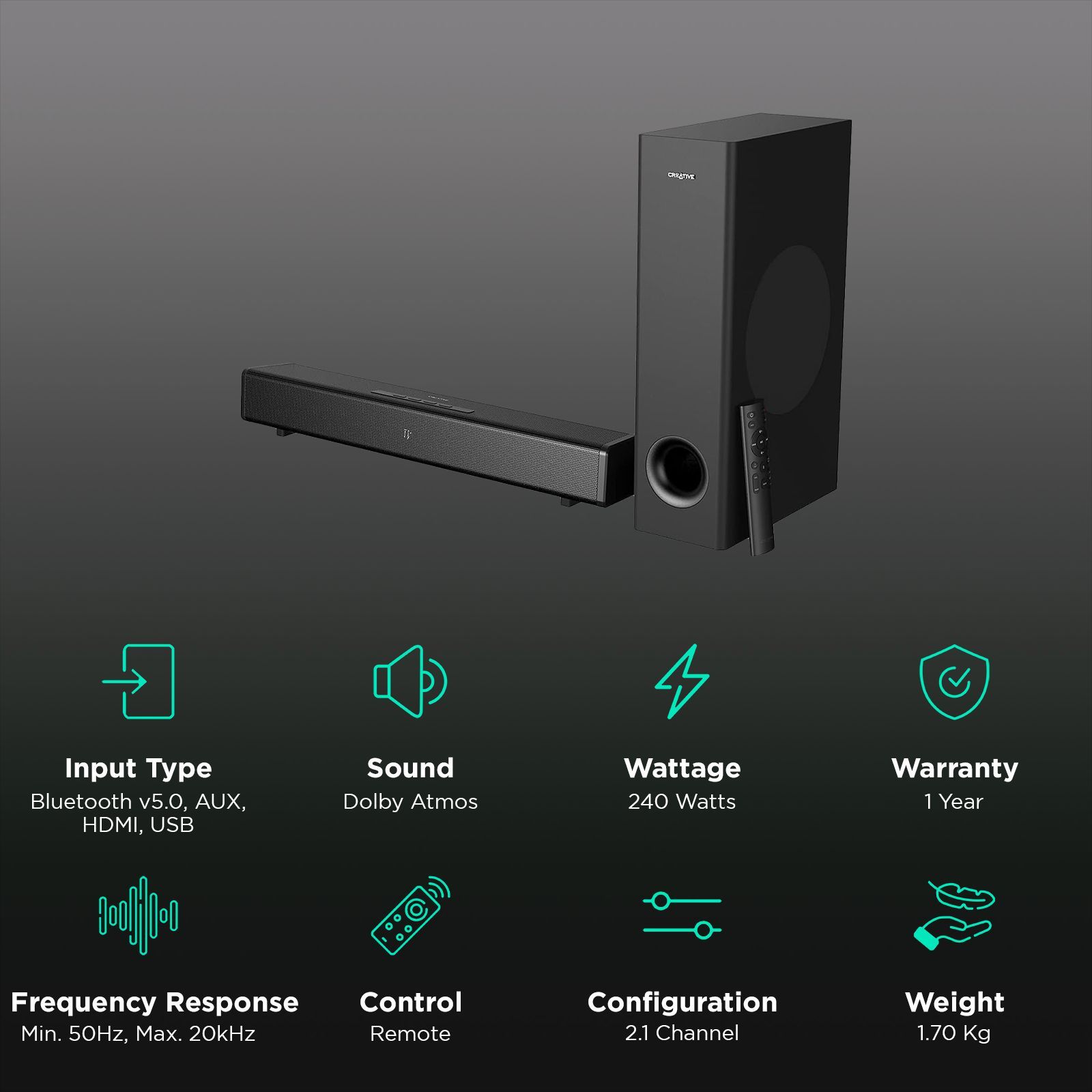 Creative Stage 360 240W Bluetooth Soundbar with Remote (Dolby Atmos, 2.1 Channel, Black)_2