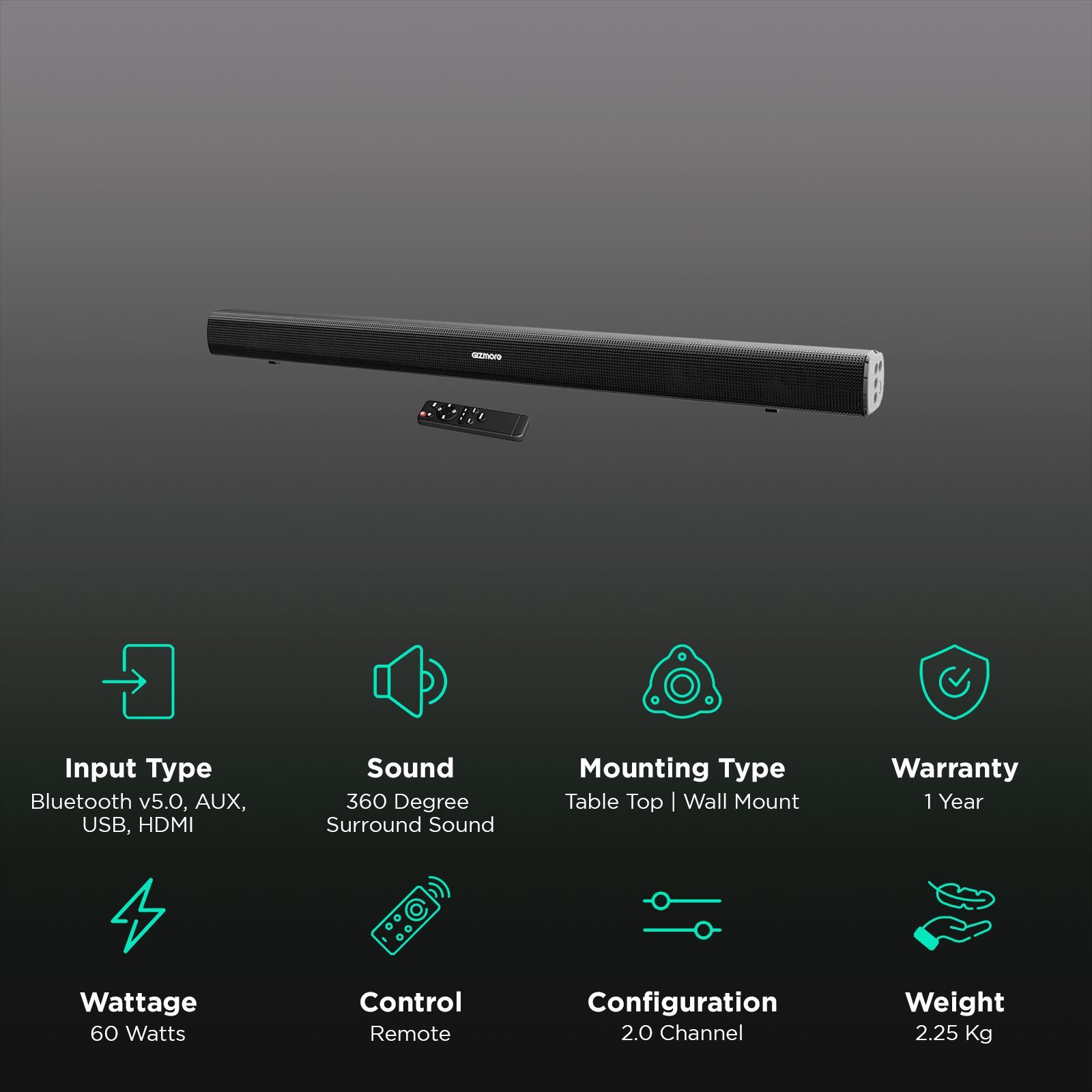 GIZmore BAR6100 60W Bluetooth Soundbar with Remote (360 Degree Surround Sound, 2.0 Channel, Black)_2