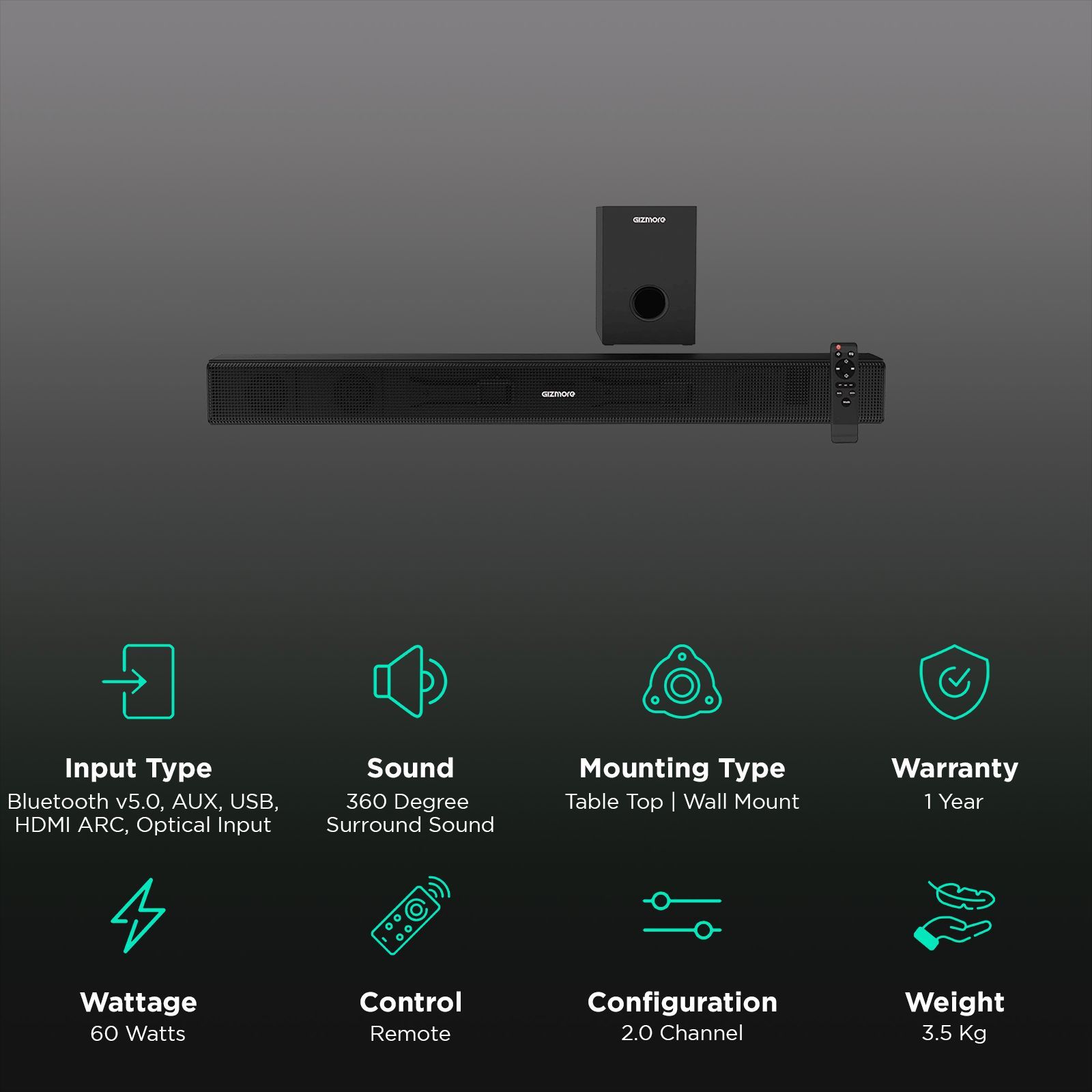 GIZmore BAR6000 60W Bluetooth Soundbar with Remote (360 Degree Surround Sound, 2.1 Channel, Black)_2