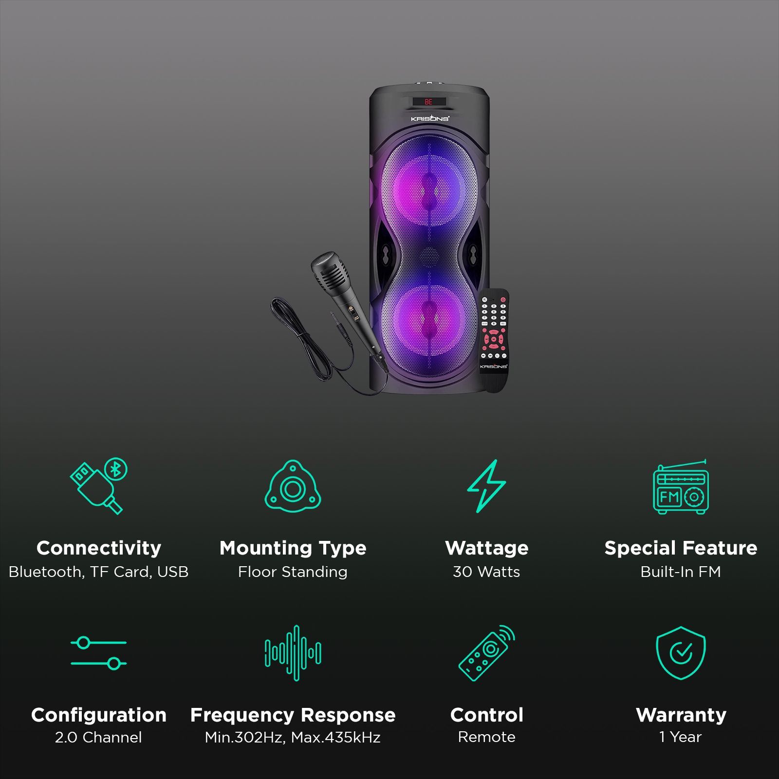 Krisons Cylender 40W Bluetooth Party Speaker with Mic (Flashing DJ Lights, 2.0 Channel, Black)_3