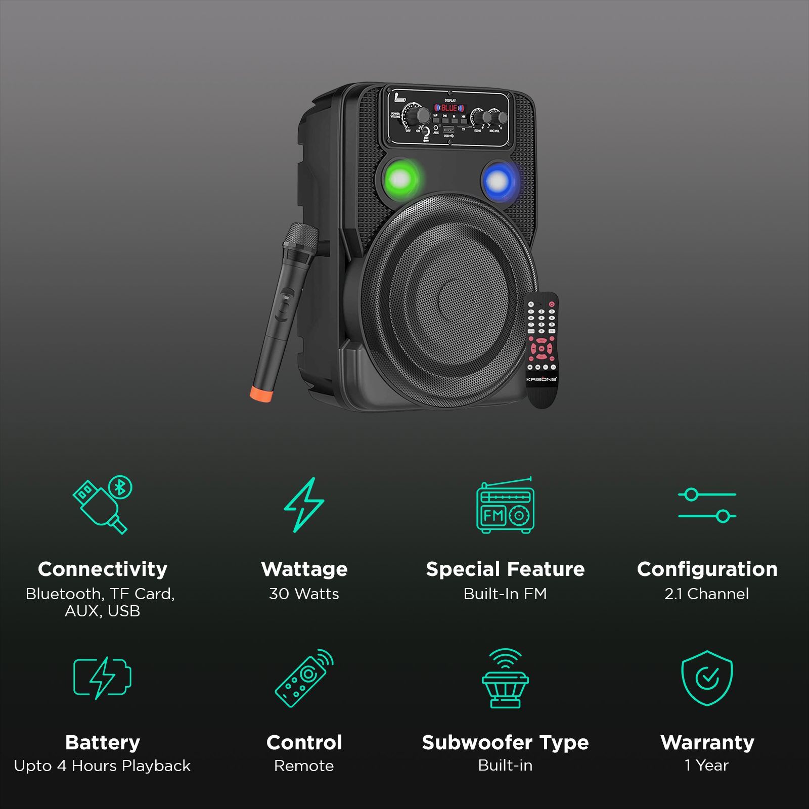 Krisons Ultima 30W Bluetooth Party Speaker with Mic (Karaoke Supported, 2.1 Channel, Black)_3