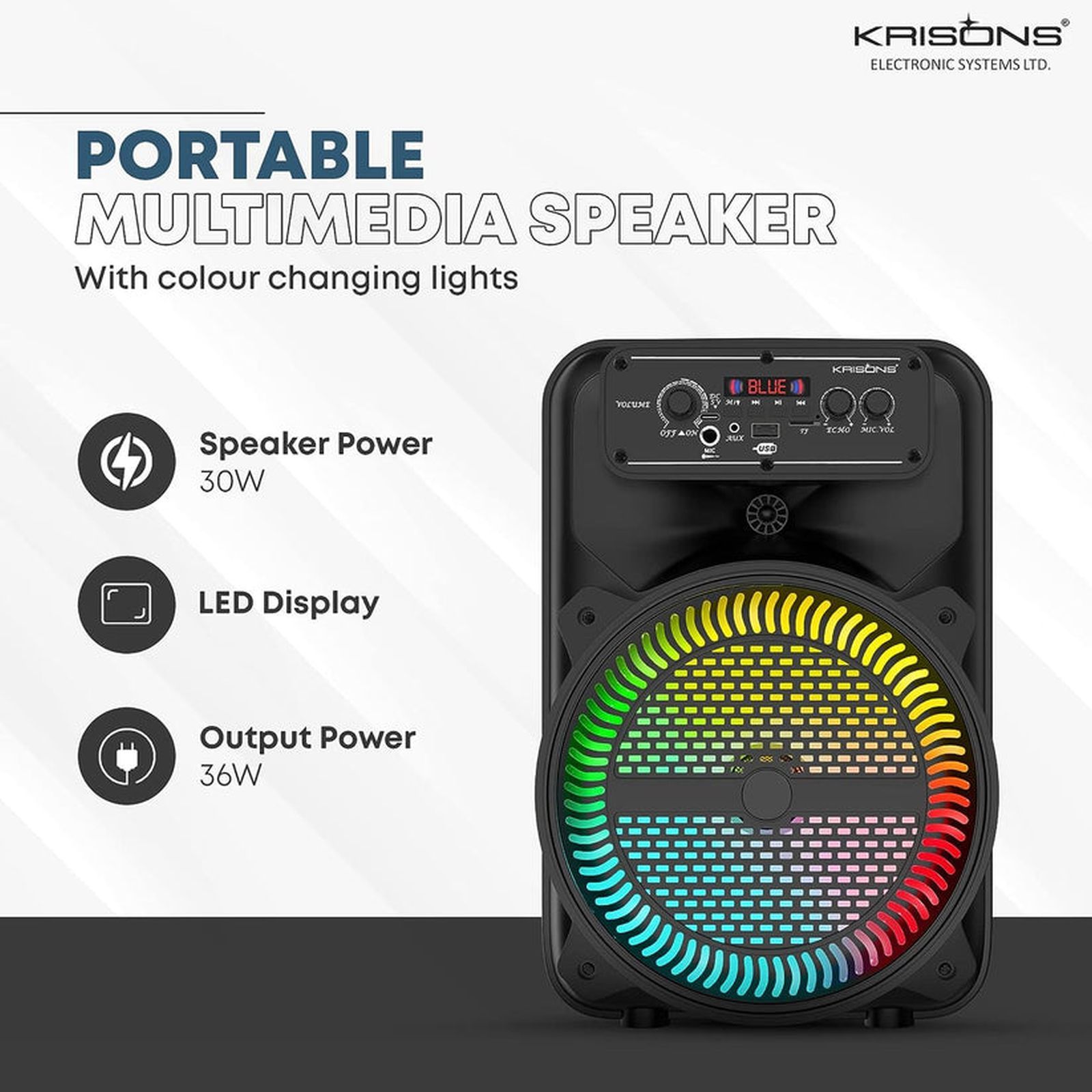 Krisons MoonStar 30W Bluetooth Party Speaker with Mic (Bass Boost, 2.0 Channel, Black)_9