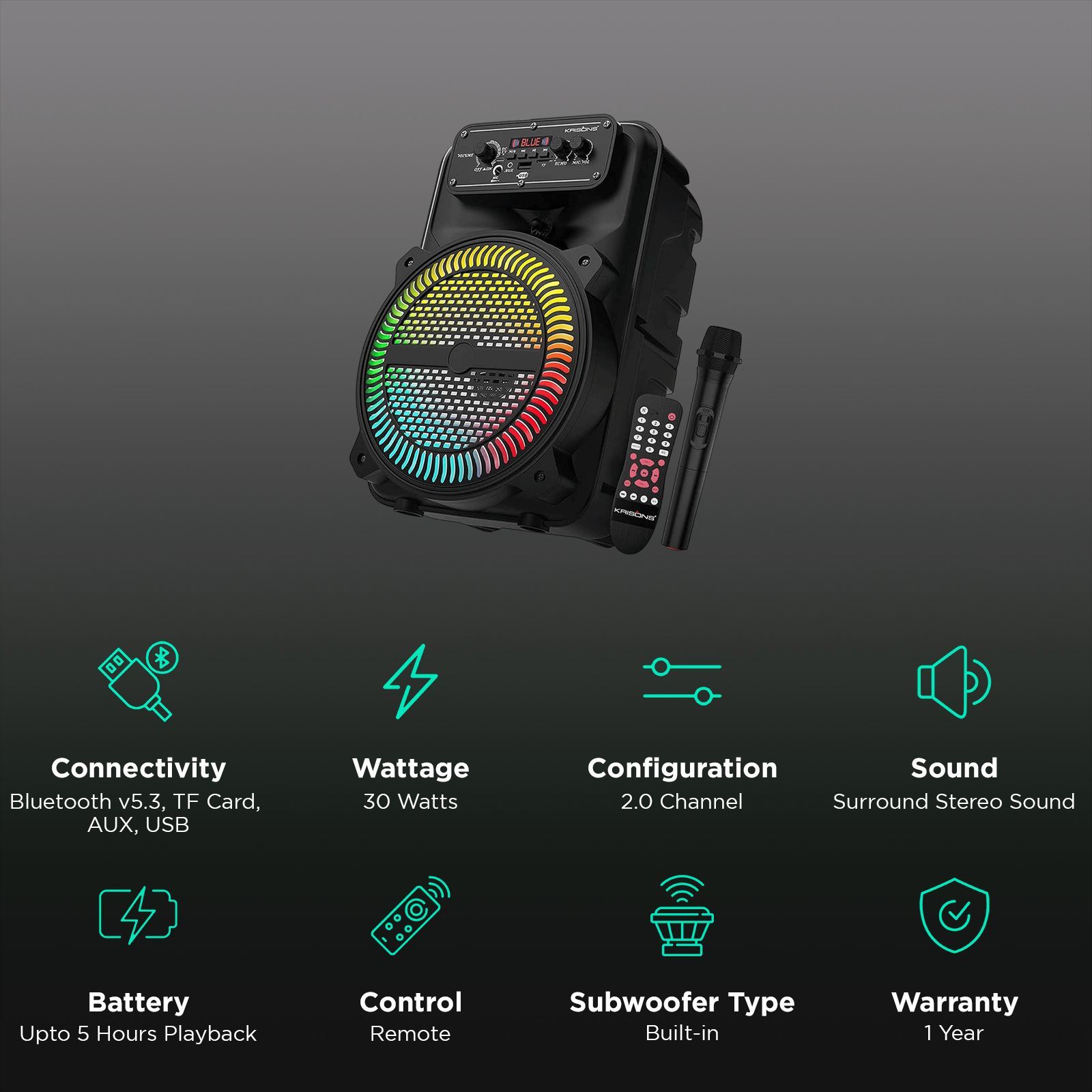 Krisons MoonStar 30W Bluetooth Party Speaker with Mic (Bass Boost, 2.0 Channel, Black)_3