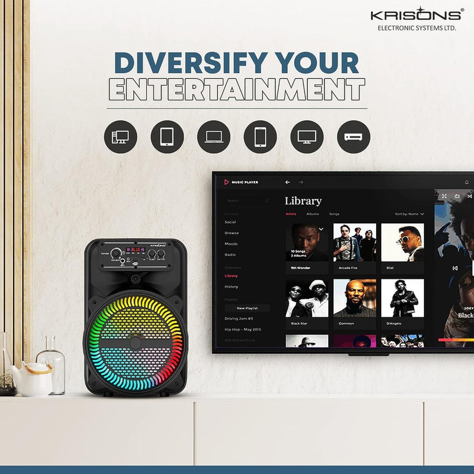 Krisons MoonStar 30W Bluetooth Party Speaker with Mic (Bass Boost, 2.0 Channel, Black)_4