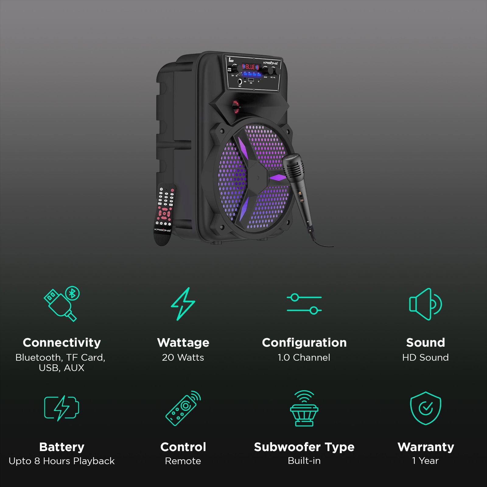 Krisons Stone 20W Bluetooth Party Speaker with Mic (Full HD Sound, 1.0 Channel, Black)_3