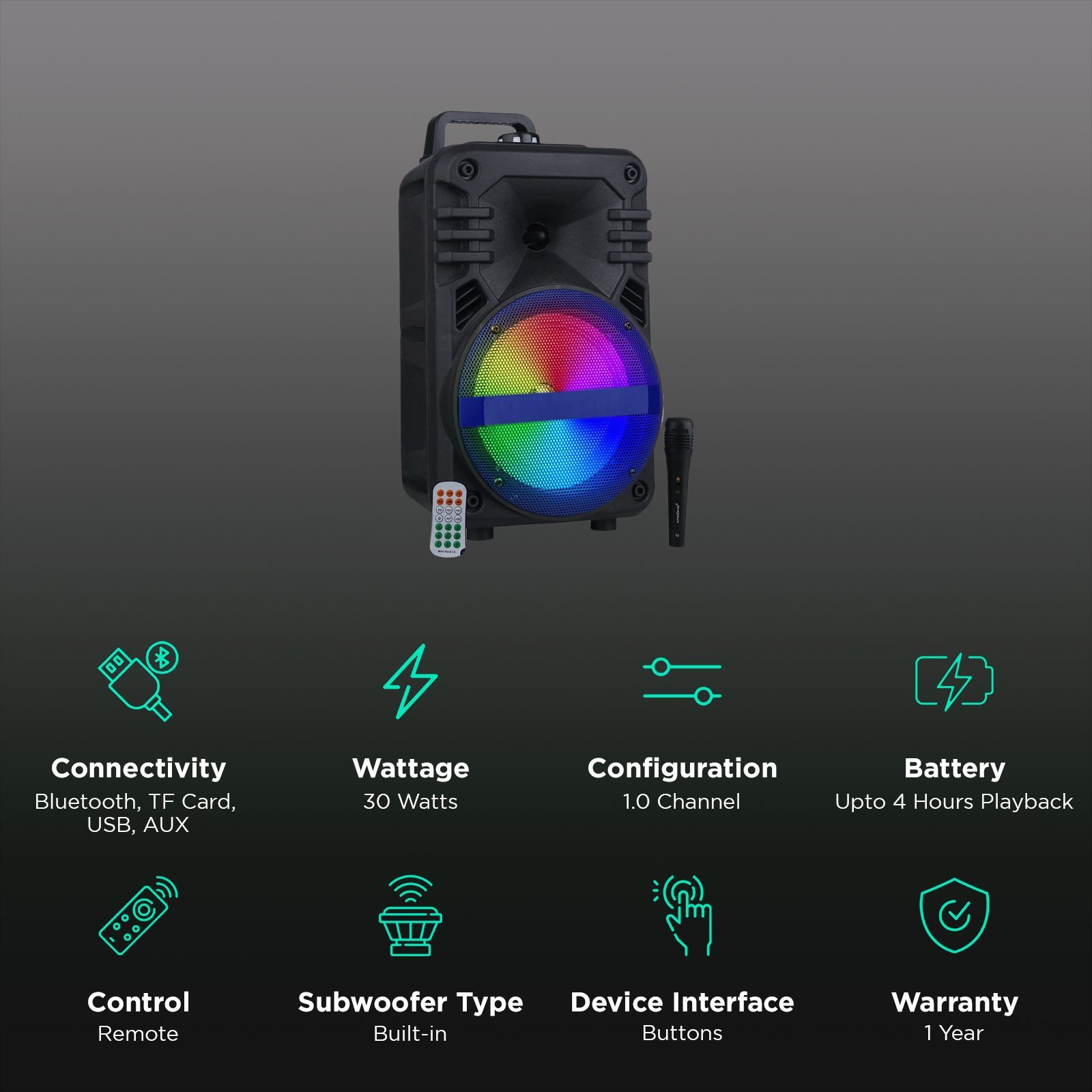 Krisons Buddy 30W Bluetooth Party Speaker with Mic (RGB Light, 1.0 Channel, Black)_2