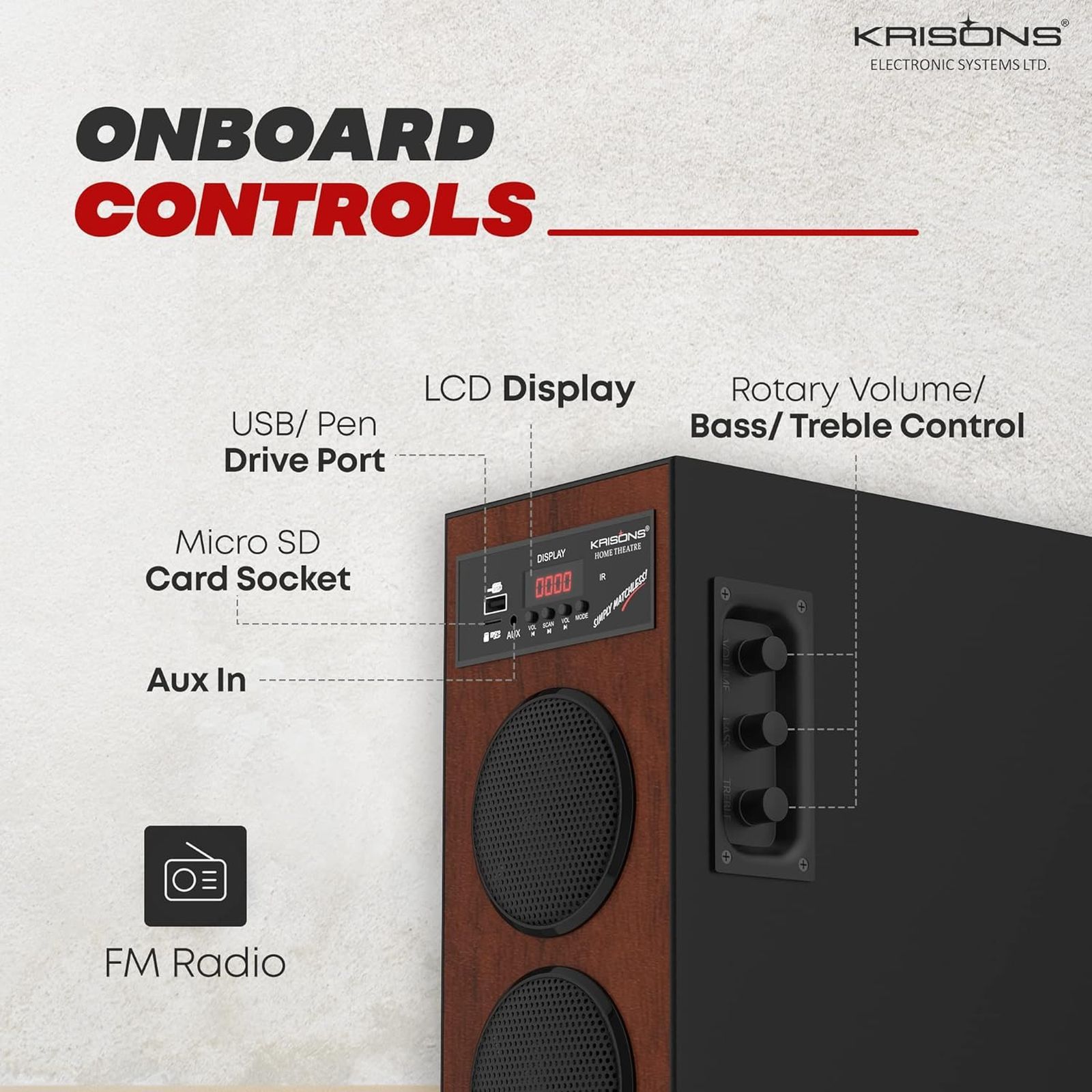 KRISONS Thunder 80W Multimedia Speaker (Bluetooth Connectivity, 2.1 Channel, Brown and Black)_7