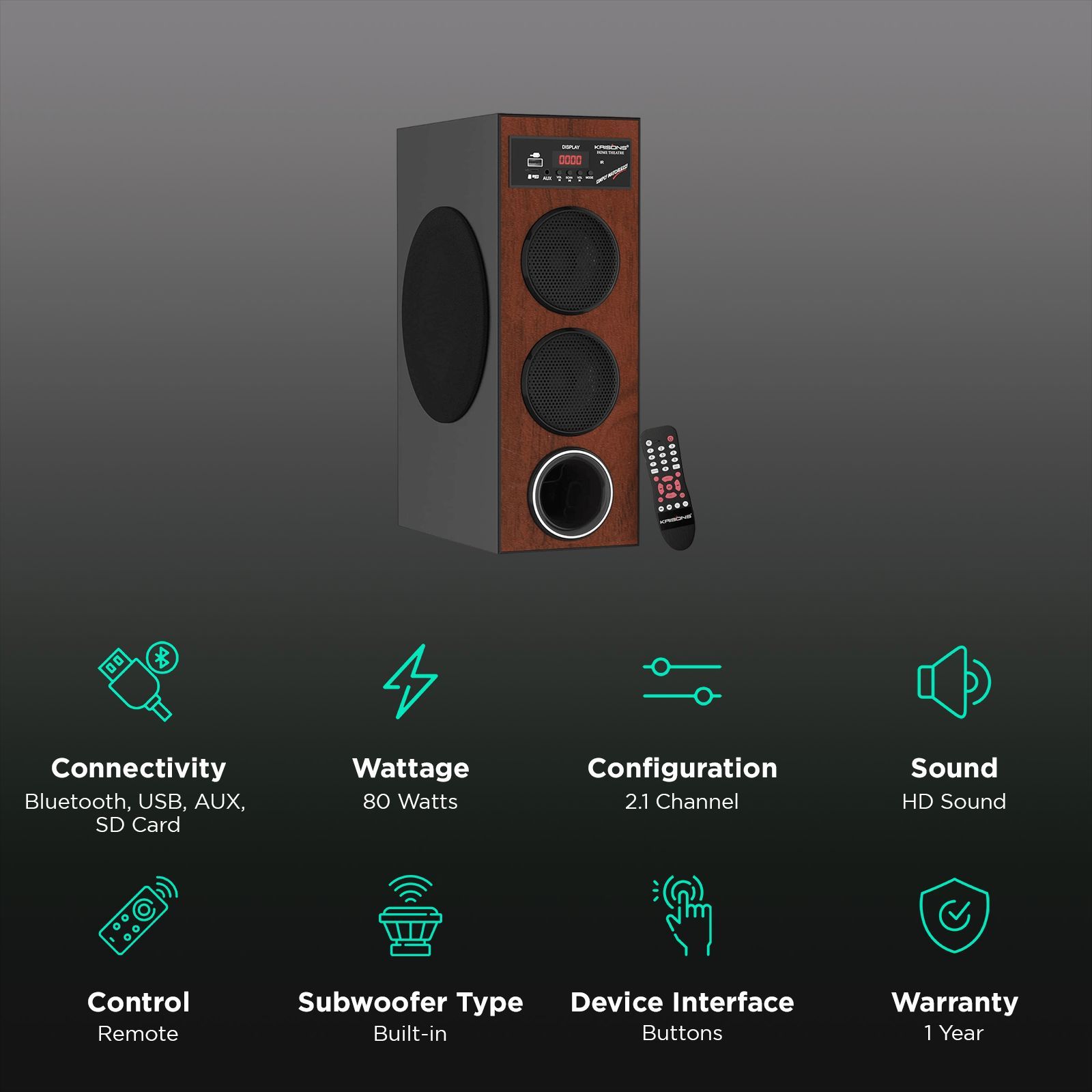 KRISONS Thunder 80W Multimedia Speaker (Bluetooth Connectivity, 2.1 Channel, Brown and Black)_3