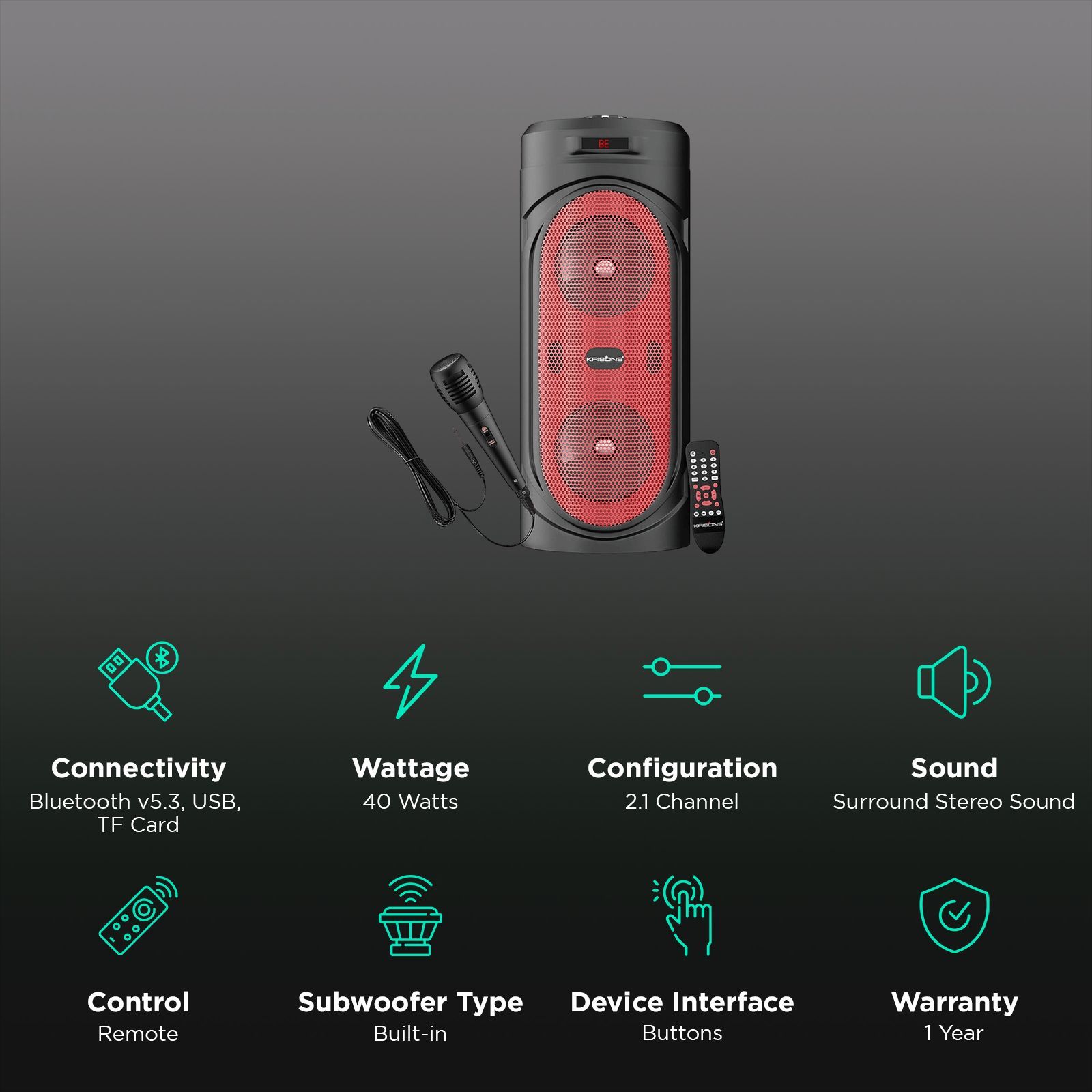 KRISONS Redstar 40W Bluetooth Party Speaker with Mic (Double 4 Woofer, 2.1 Channel, Black)_3