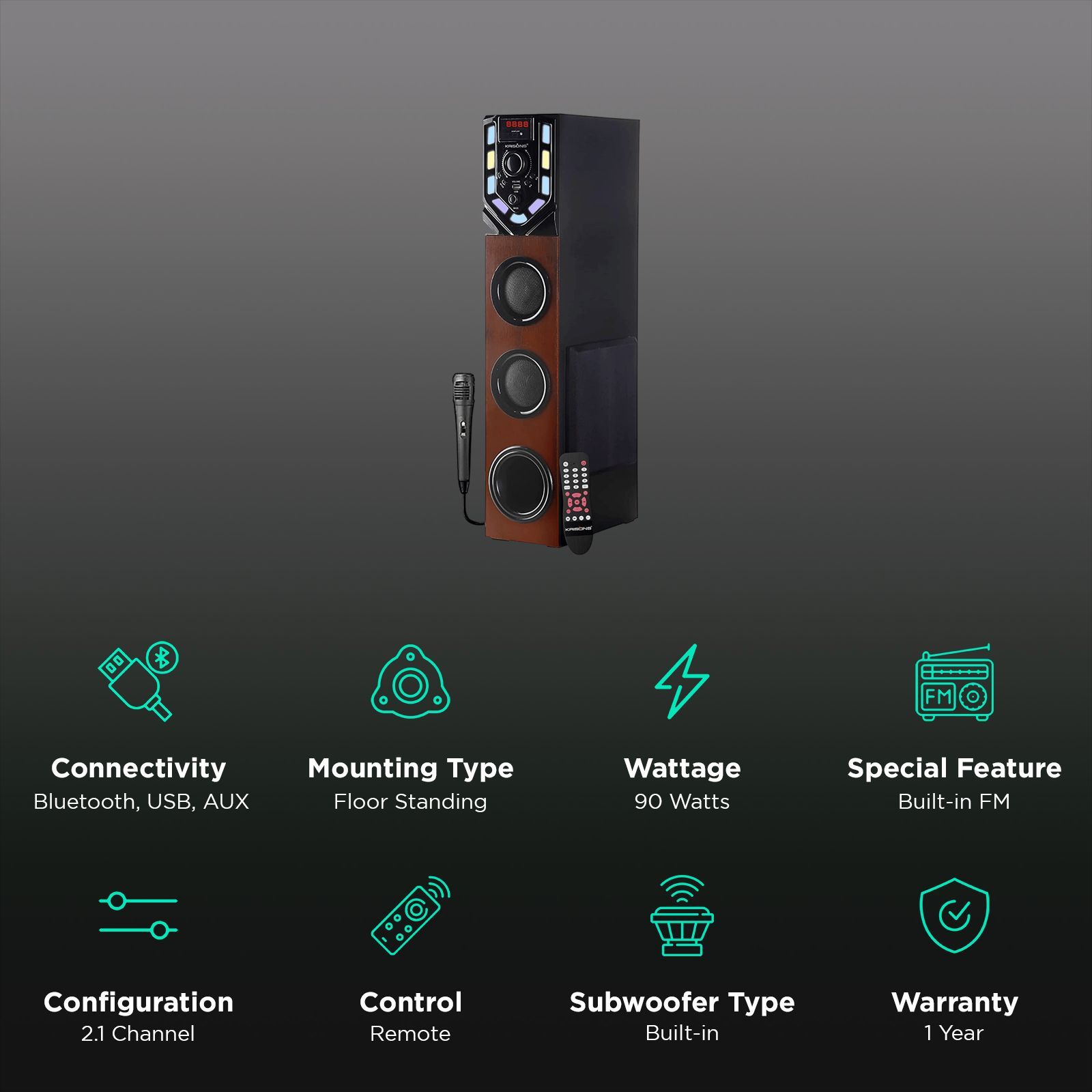 Krisons Swag Tower 90W Bluetooth Party Speaker with Mic (Built-in FM, 2.1 Channel, Black & Brown)_3