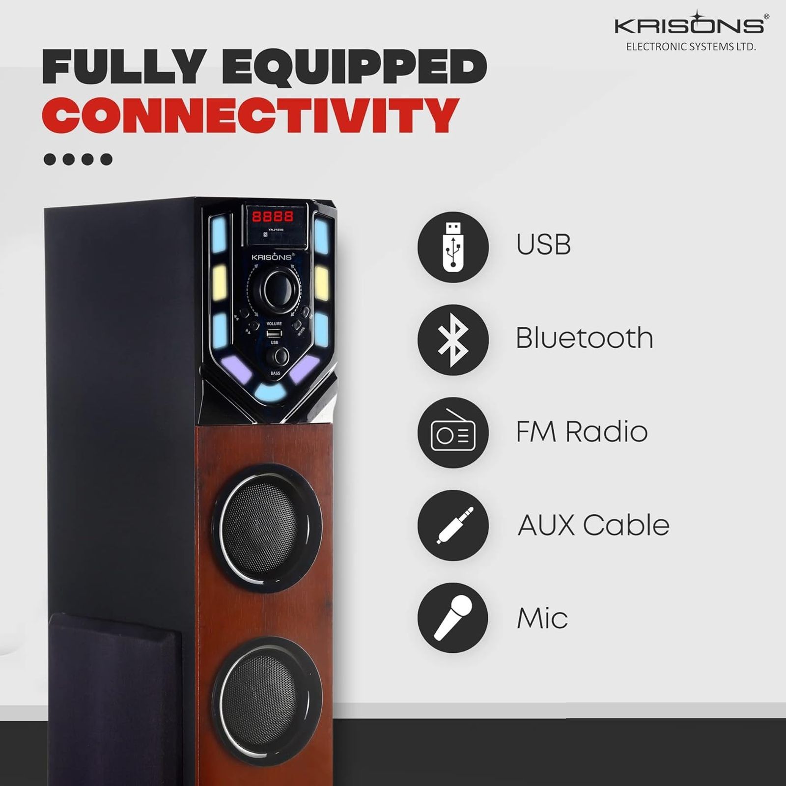 Krisons Swag Tower 90W Bluetooth Party Speaker with Mic (Built-in FM, 2.1 Channel, Black & Brown)_4