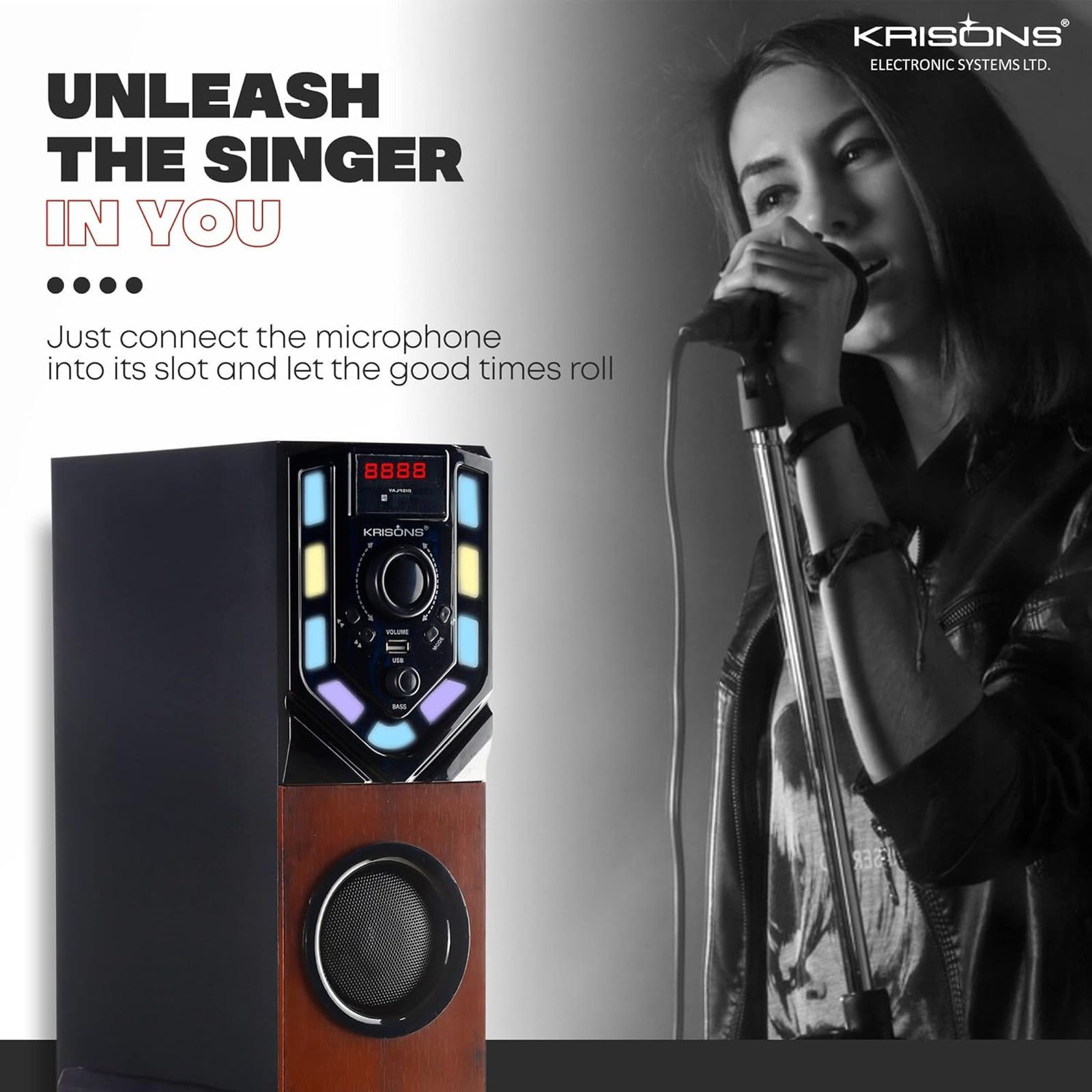 Krisons Swag Tower 90W Bluetooth Party Speaker with Mic (Built-in FM, 2.1 Channel, Black & Brown)_6