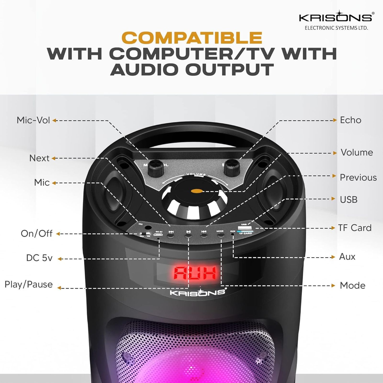 Krisons Cyclone 100W Bluetooth Party Speaker with Mic (DJ Lights, 2.1 Channel, Black) Krisons Cyclone 100W Bluetooth Party Speaker with Mic (DJ Lights, 2.1 Channel, Black)_9