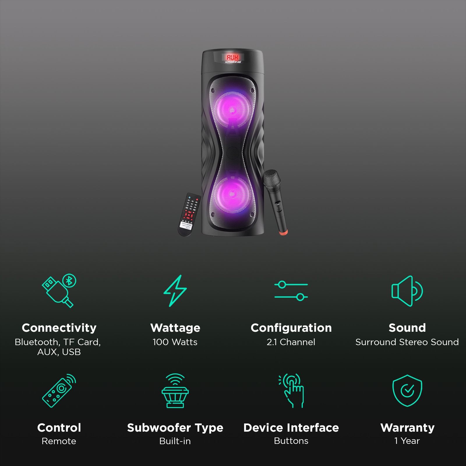 Krisons Cyclone 100W Bluetooth Party Speaker with Mic (DJ Lights, 2.1 Channel, Black) Krisons Cyclone 100W Bluetooth Party Speaker with Mic (DJ Lights, 2.1 Channel, Black)_3