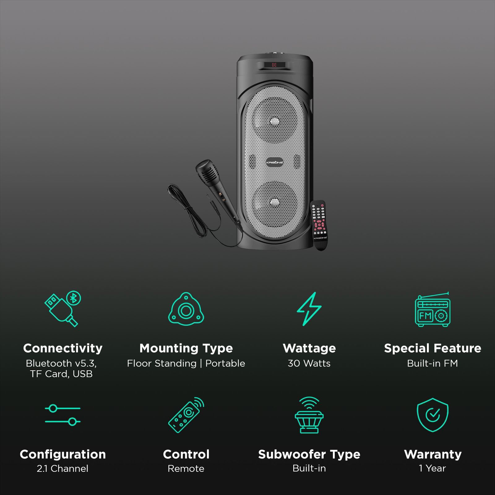 Krisons Silverstar 40W Bluetooth Party Speaker with Mic (Surround Sound, 2.1 Channel, Black) Krisons Silverstar 40W Bluetooth Party Speaker with Mic (Surround Sound, 2.1 Channel, Black)_3