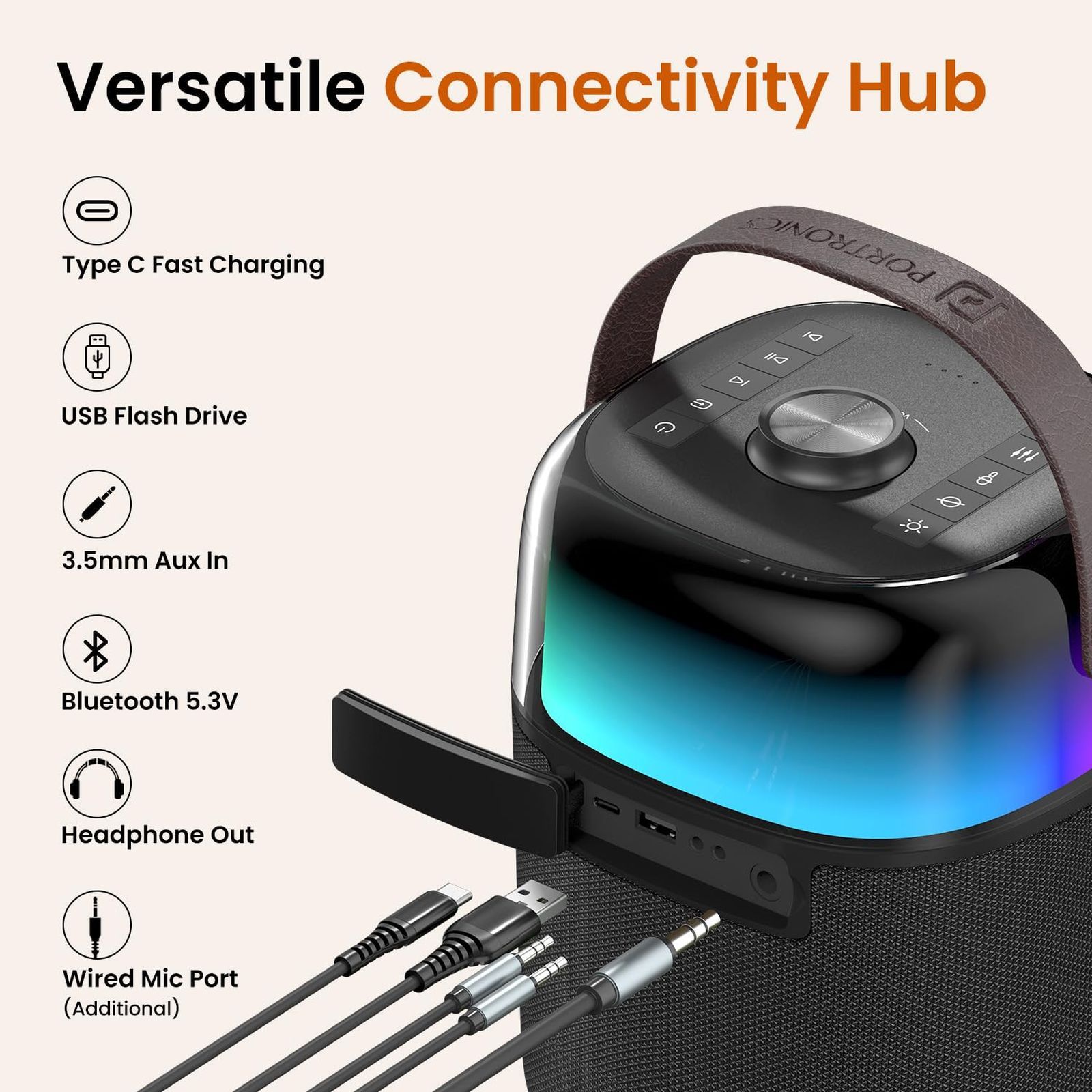 PORTRONICS Dash 4 50W Portable Bluetooth Speaker (IPX5 Water Resistant, 6 RGB Lighting Modes, Black)_6