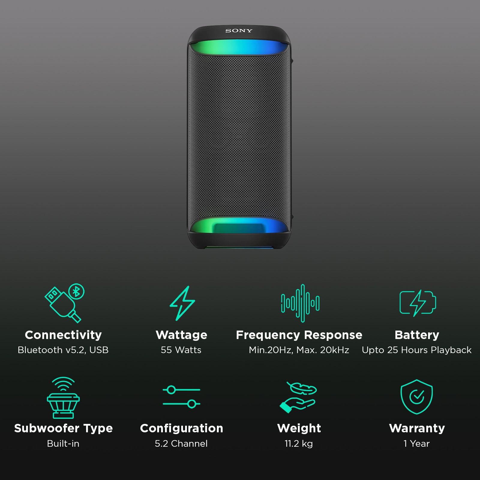 SONY XV500 55W Bluetooth Party Speaker with Mic (IPX4 Water Resistant, Stereo Channel, Black)_2