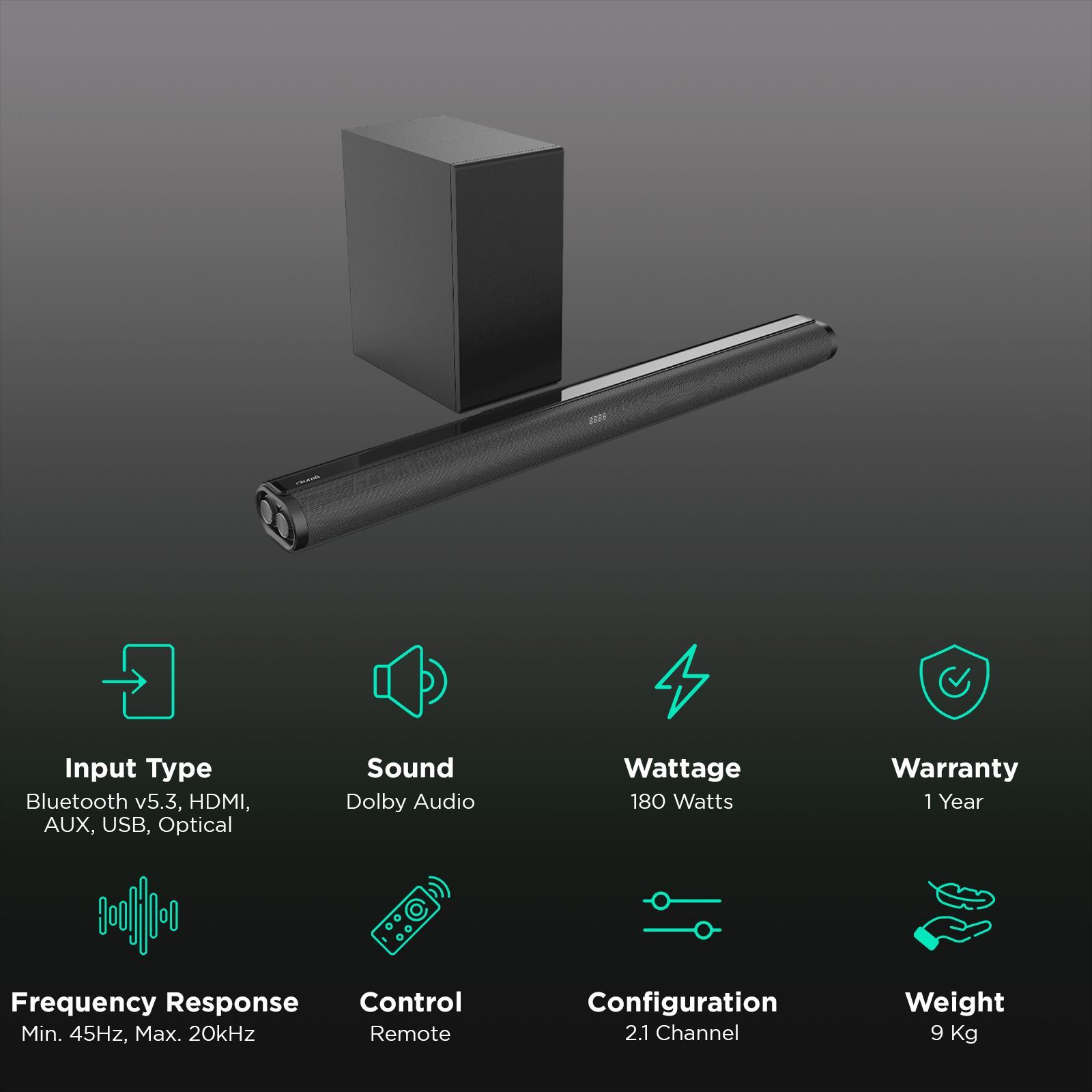 Croma 180W Bluetooth Soundbar with Remote (Dolby Audio, 2.1 Channel, Black) Croma 180W Bluetooth Soundbar with Remote (Dolby Audio, 2.1 Channel, Black)_2
