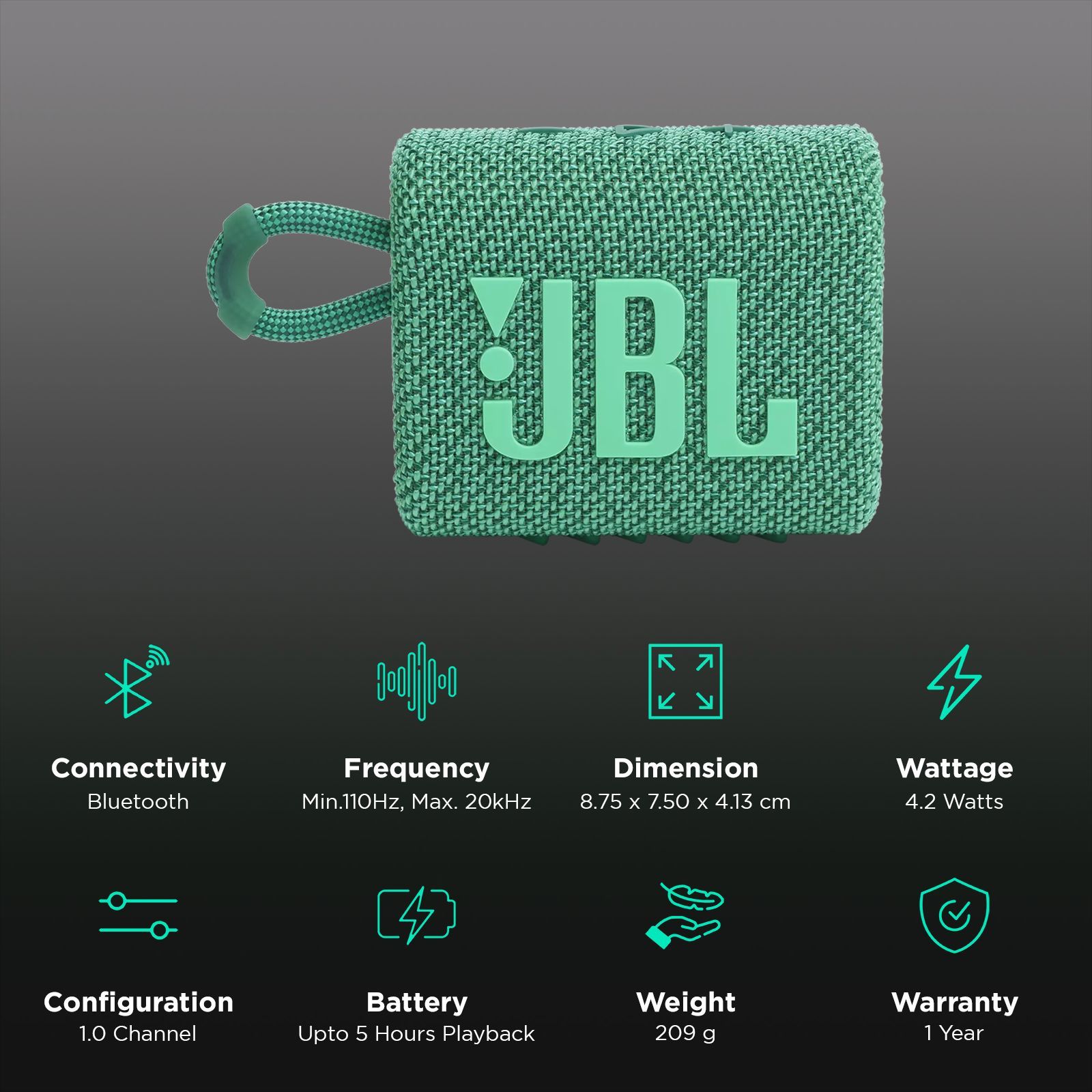 JBL Go 3 Eco 4.2W Portable Bluetooth Speaker (IP67 Waterproof, 5 Hours Playtime, 1.0 Channel, Green) JBL Go 3 Eco 4.2W Portable Bluetooth Speaker (IP67 Waterproof, 5 Hours Playtime, 1.0 Channel, Green)_2