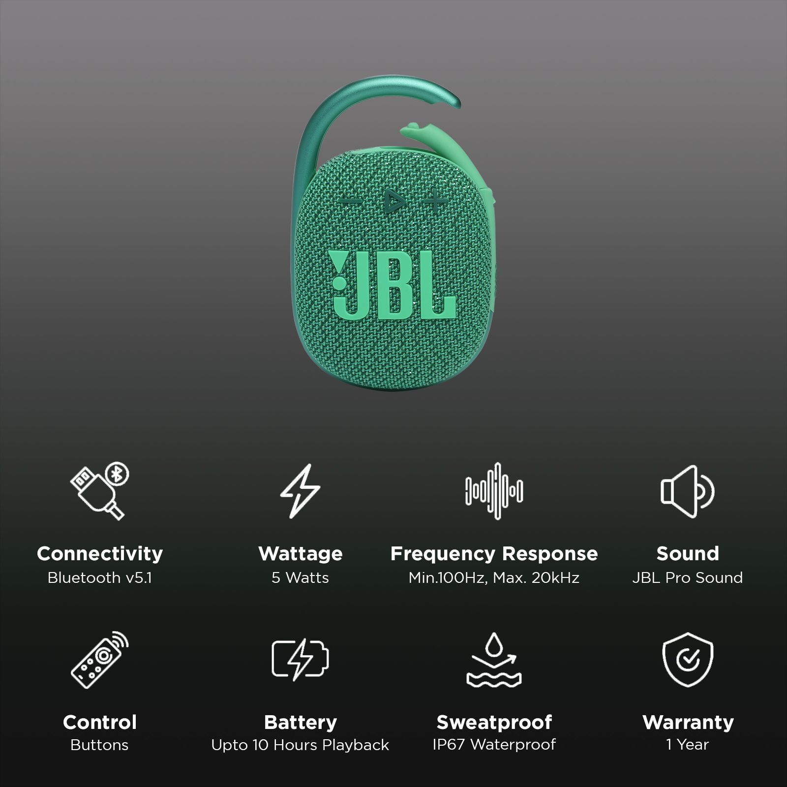 JBL Clip 4 Eco 5W Portable Bluetooth Speaker (IP67 Waterproof, 10 Hours Playtime, Green)_2
