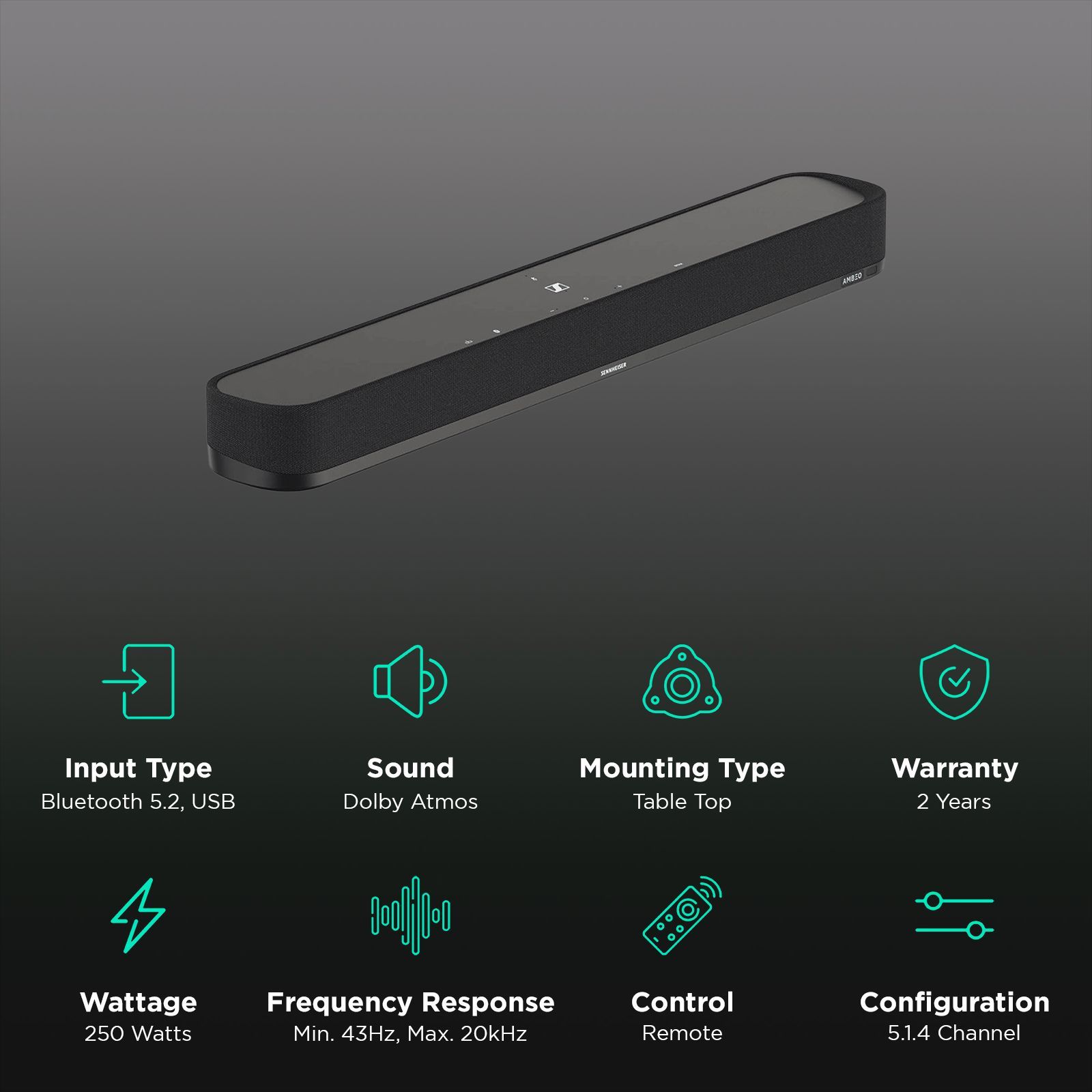 SENNHEISER AMBEO Mini 250W SoundBar with Remote (Dolby Atmos, 5.1.4 Channel, Black)_2