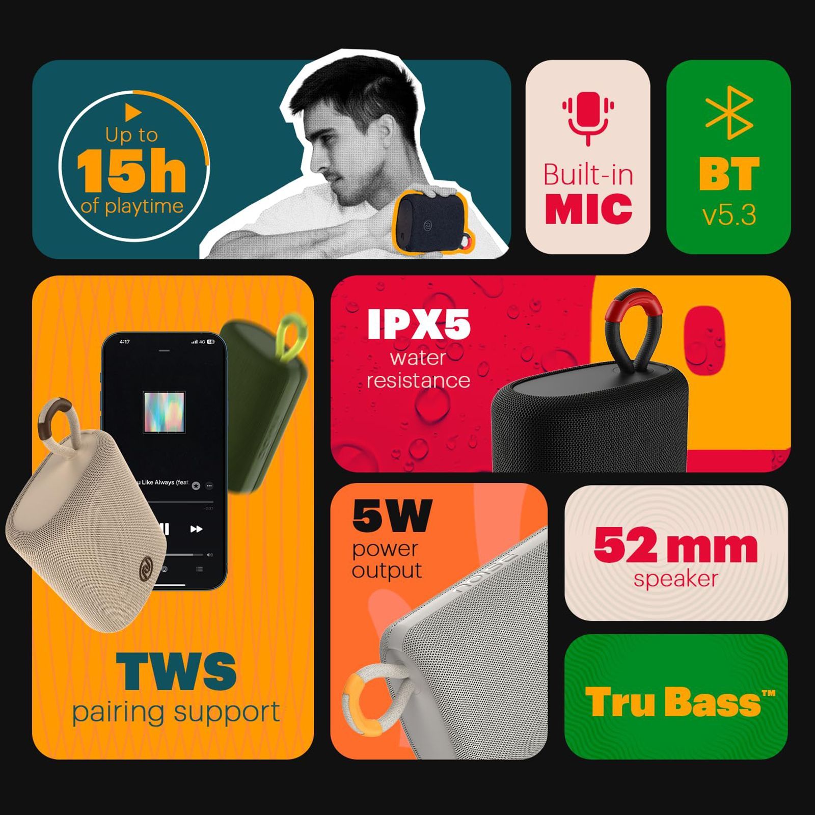 noise VIBE 2 5W Portable Bluetooth Speaker (IPX7 Water Resistant, TWS Pairing, Stereo Channel, Wandering Black) noise VIBE 2 5W Portable Bluetooth Speaker (IPX7 Water Resistant, TWS Pairing, Stereo Channel, Wandering Black)_10