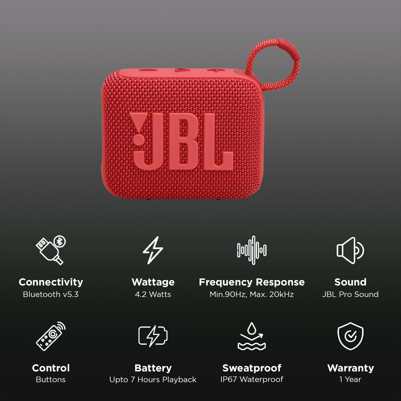 JBL Go 4 4.2W Portable Bluetooth Speaker (IP67 Waterproof, 7 Hours Playtime, Stereo Channel, Red) JBL Go 4 4.2W Portable Bluetooth Speaker (IP67 Waterproof, 7 Hours Playtime, Stereo Channel, Red)_2
