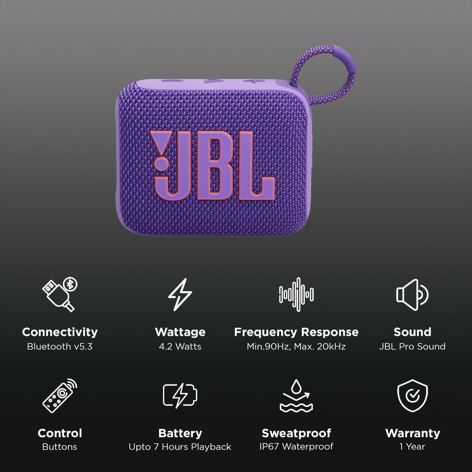 JBL Go 4 4.2W Portable Bluetooth Speaker (IP67 Waterproof, 7 Hours Playtime, Stereo Channel, Purple)_2