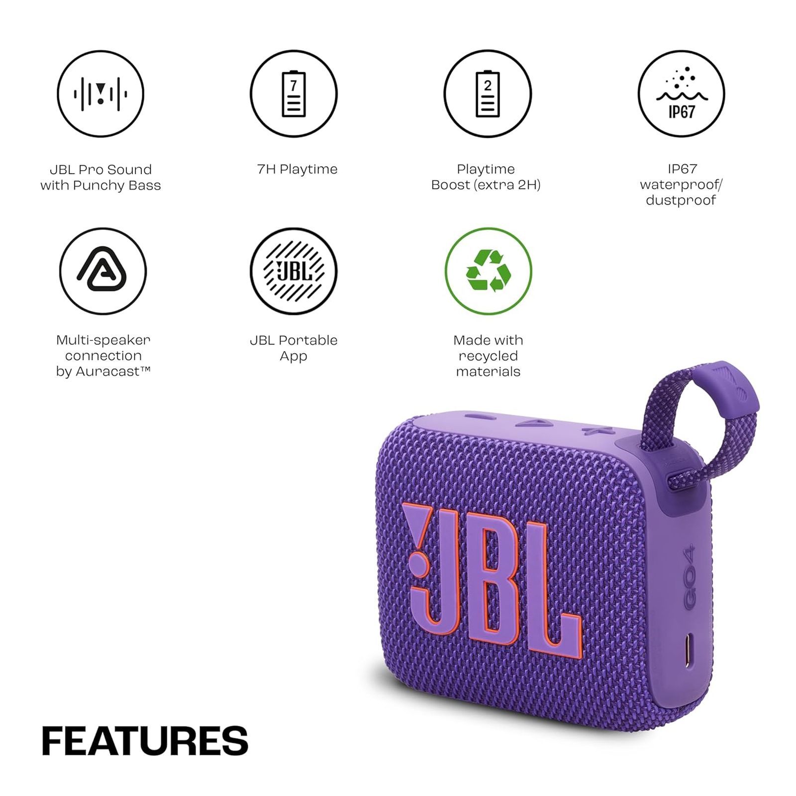 JBL Go 4 4.2W Portable Bluetooth Speaker (IP67 Waterproof, 7 Hours Playtime, Stereo Channel, Purple)_19