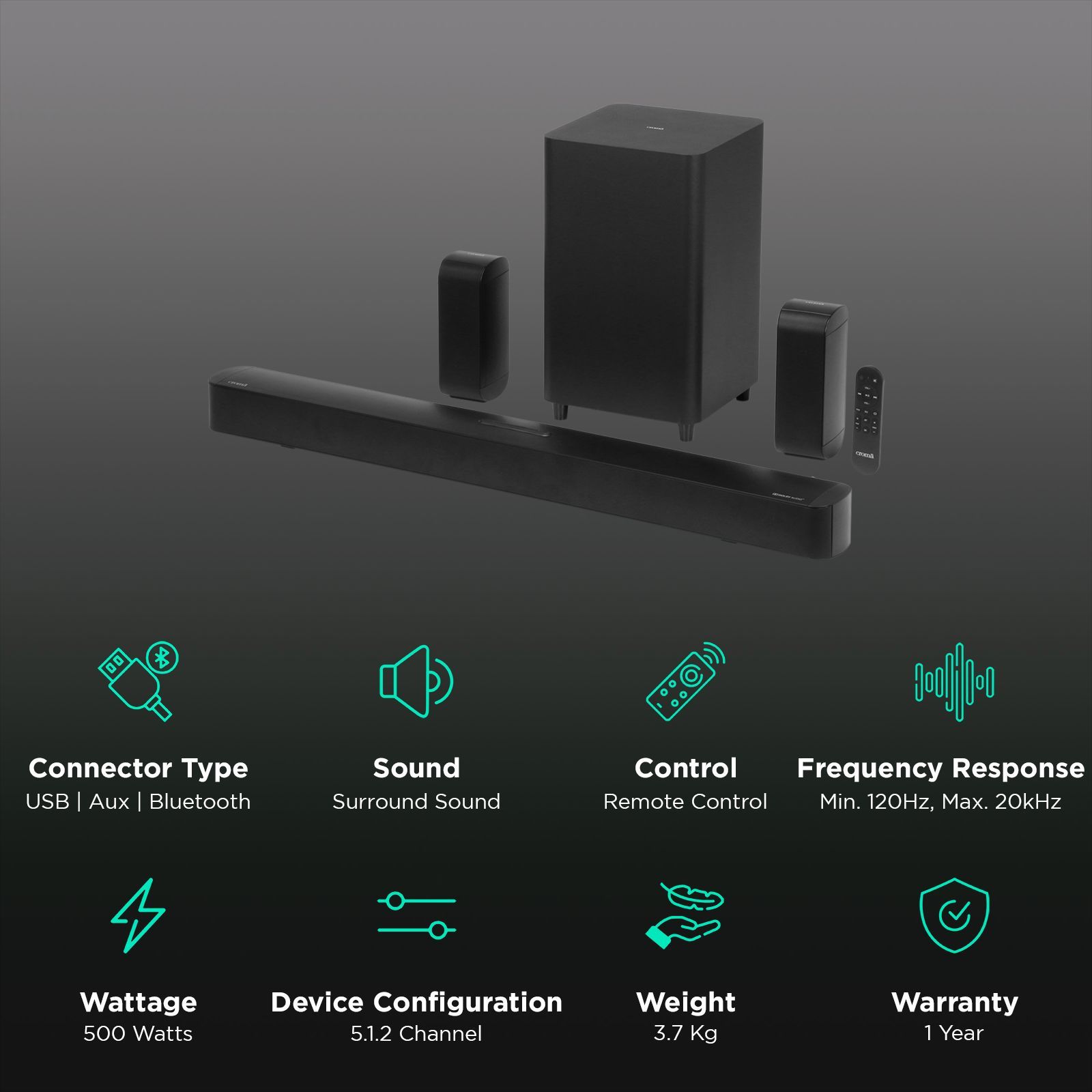 Croma 500W Bluetooth Home Theatre with Remote (Dolby Atmos, 5.1.2 Channel, Black)_2