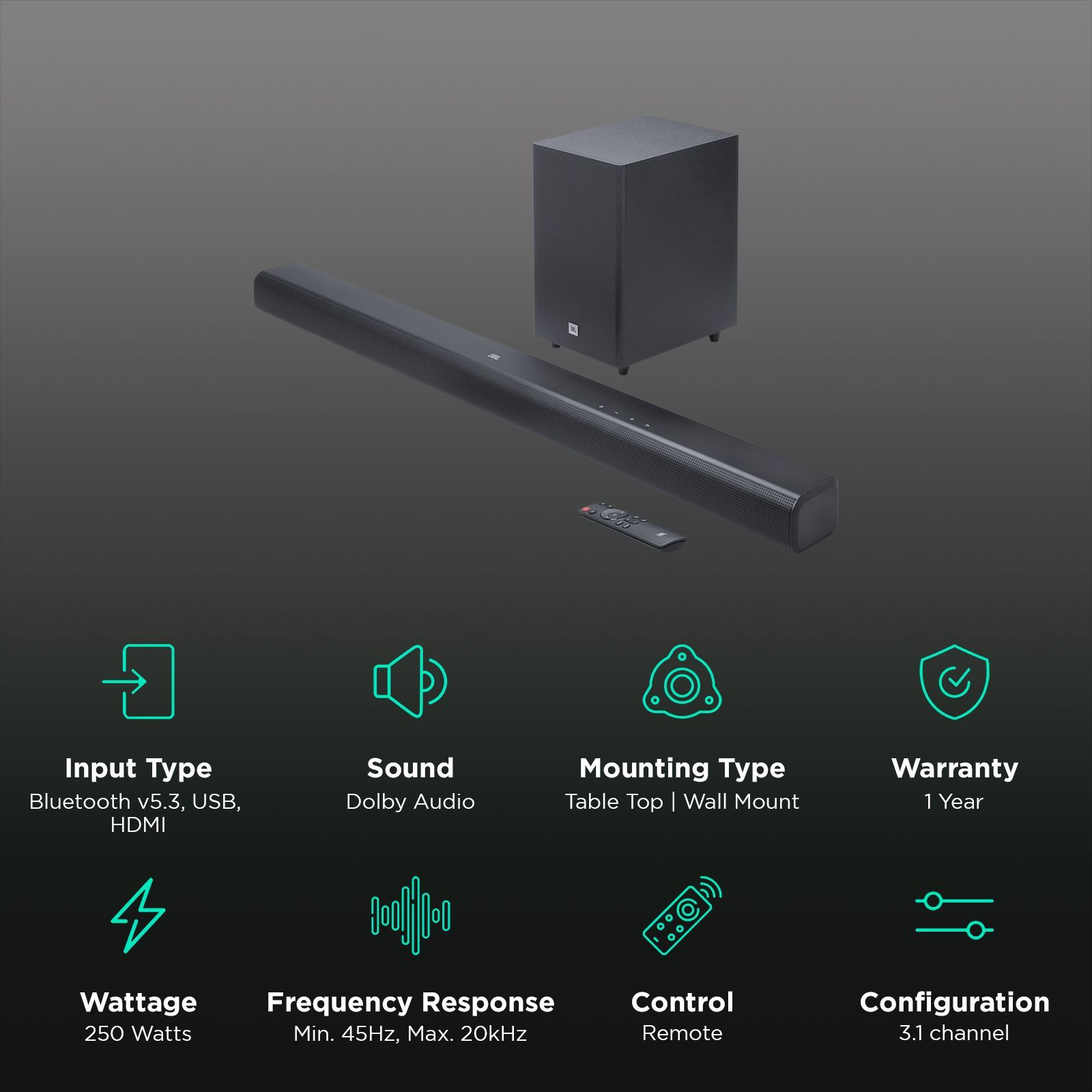 JBL CINEMA SB550 250W Bluetooth Soundbar with Remote (Dolby Audio, 3.1 Channel, Black)_2