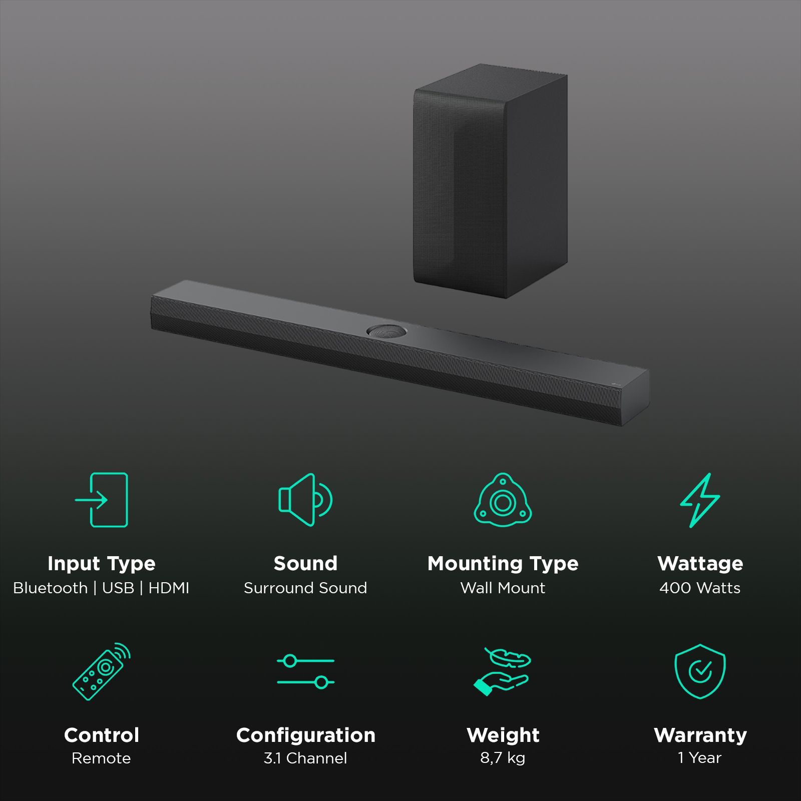 LG SQ70TY 400W Bluetooth Soundbar with Remote (Dolby Digital, 3.1.1 Channel, Black)_2