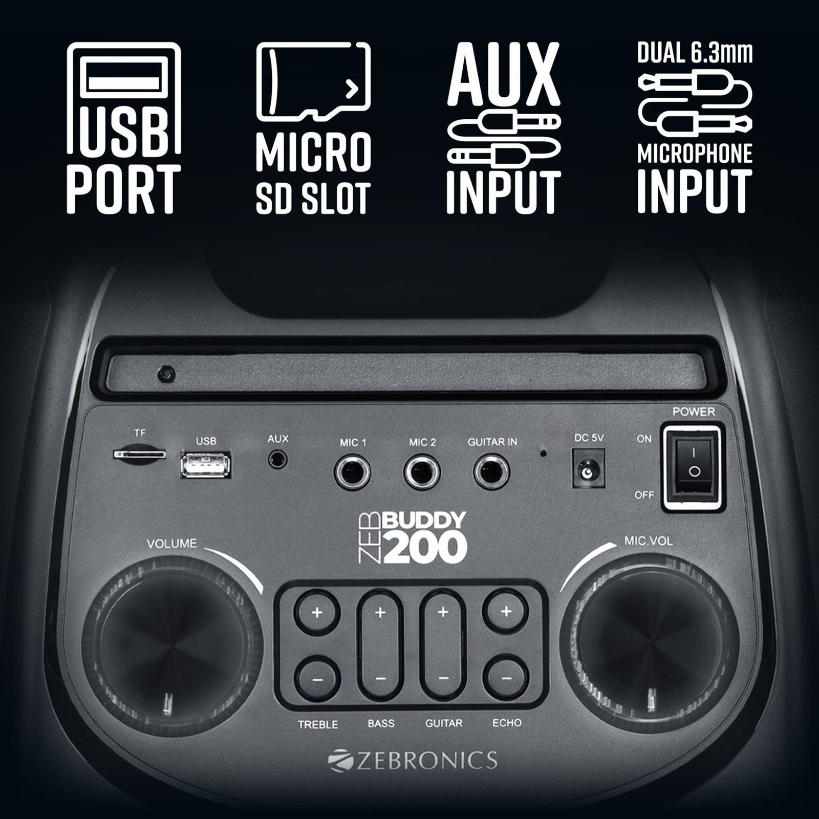 ZEBRONICS Zeb-Buddy 200 100W Bluetooth Party Speaker with Mic (7 Hours Playtime, Mono Channel, Black)_7