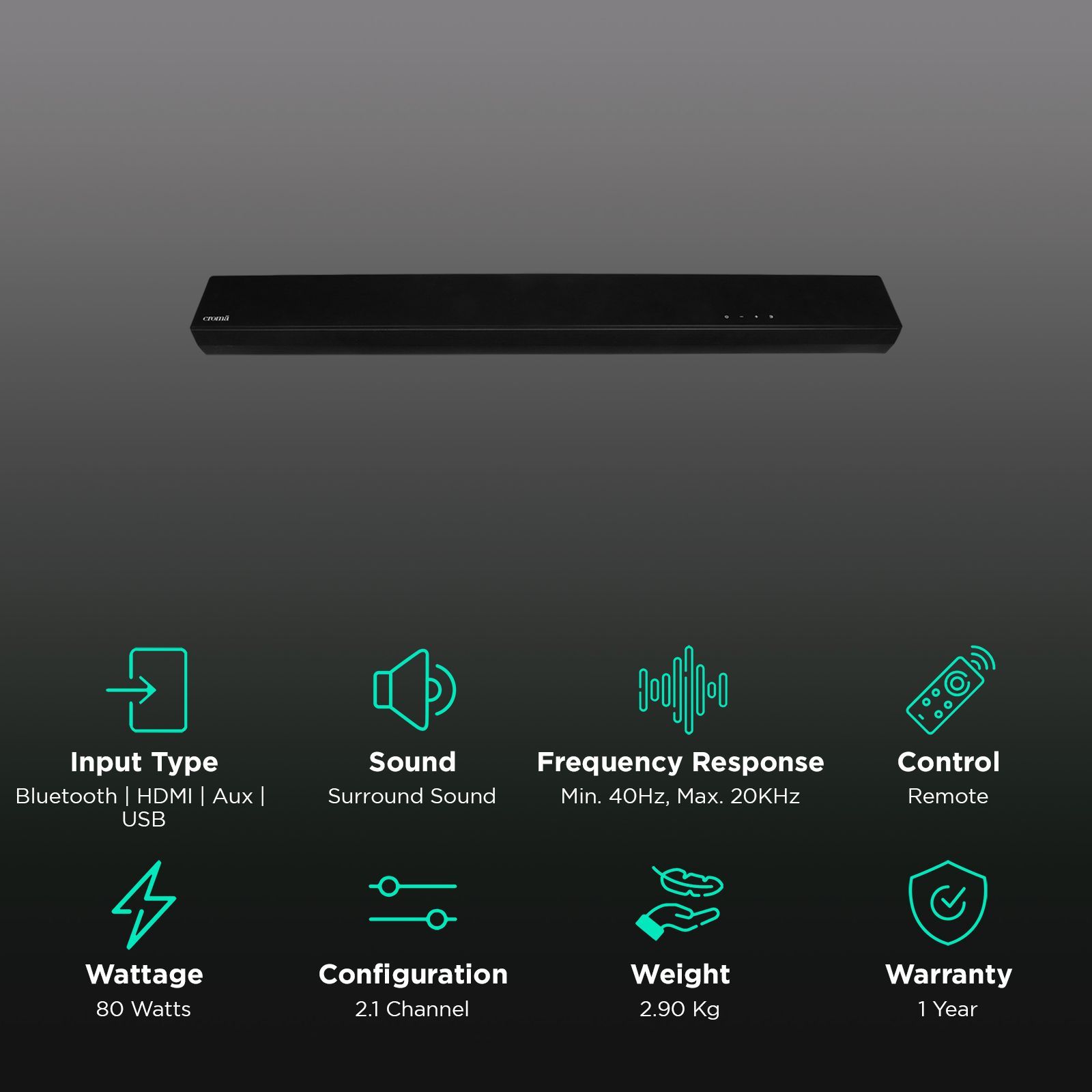 Croma 80W Bluetooth Soundbar with Remote (Surround Sound, 2.1 Channel, Black) Croma 80W Bluetooth Soundbar with Remote (Surround Sound, 2.1 Channel, Black)_2