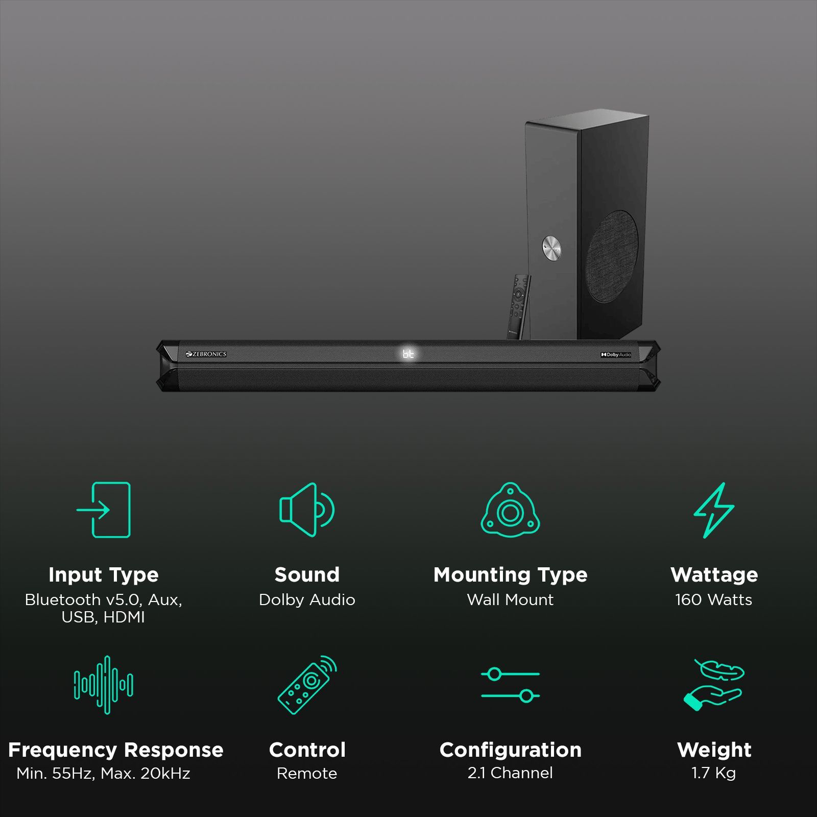 ZEBRONICS Juke Bar 500 160W Bluetooth Soundbar With Remote (Dolby Audio, 2.1 Channel, Black)_2