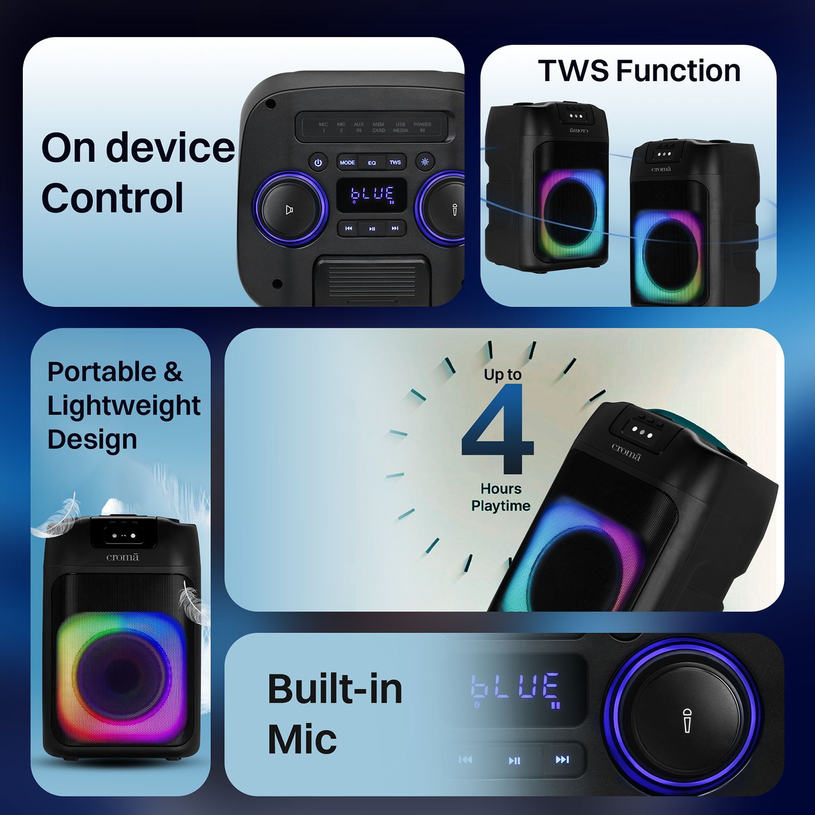 Croma 60 W Bluetooth Party Speaker with mic (TWS Function, Stereo Channel, Black) Croma 60 W Bluetooth Party Speaker with mic (TWS Function, Stereo Channel, Black)_18