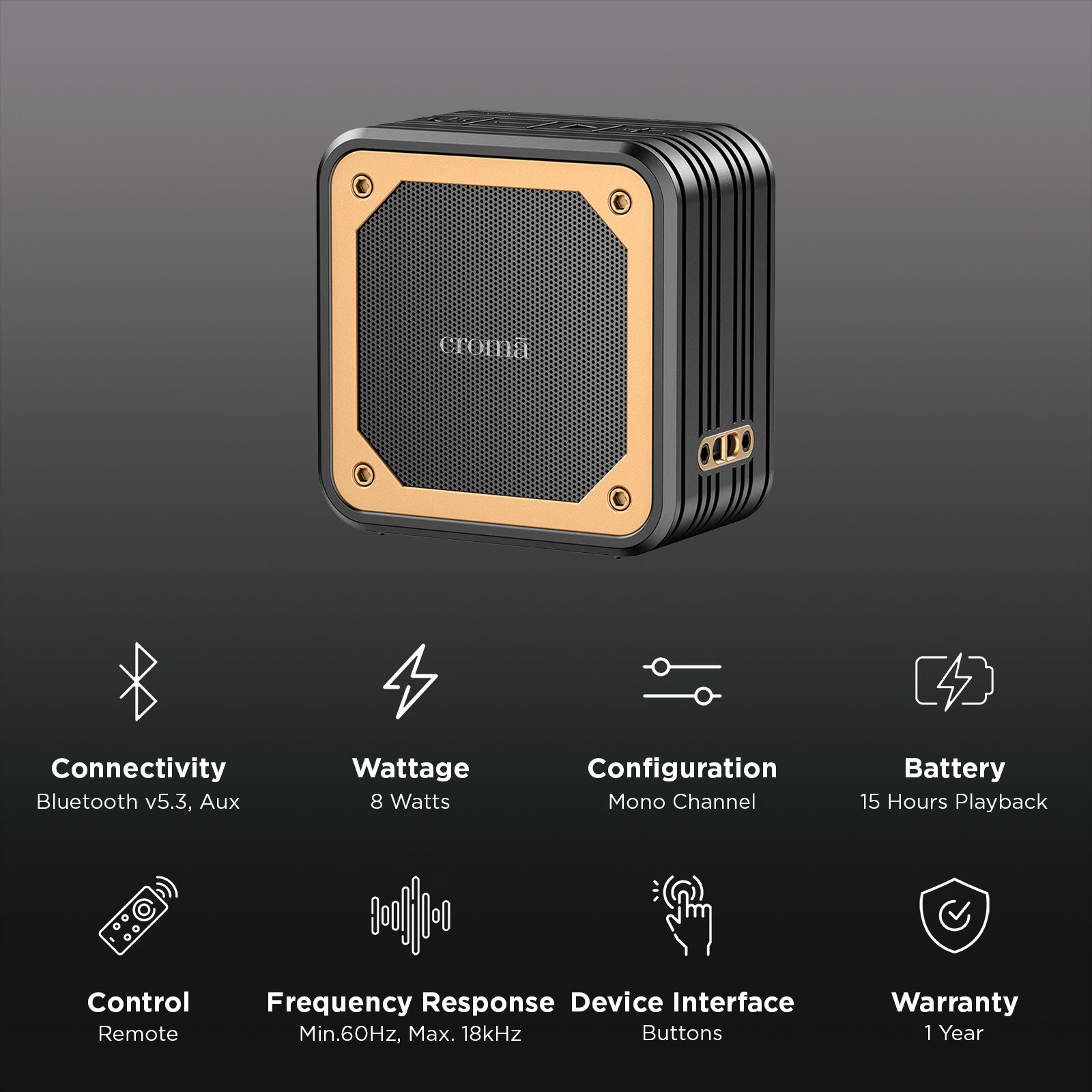 Croma 8W Portable Bluetooth Speaker (IPX5 Water Resistant, Built in Mic, Mono Channel, Black)_2