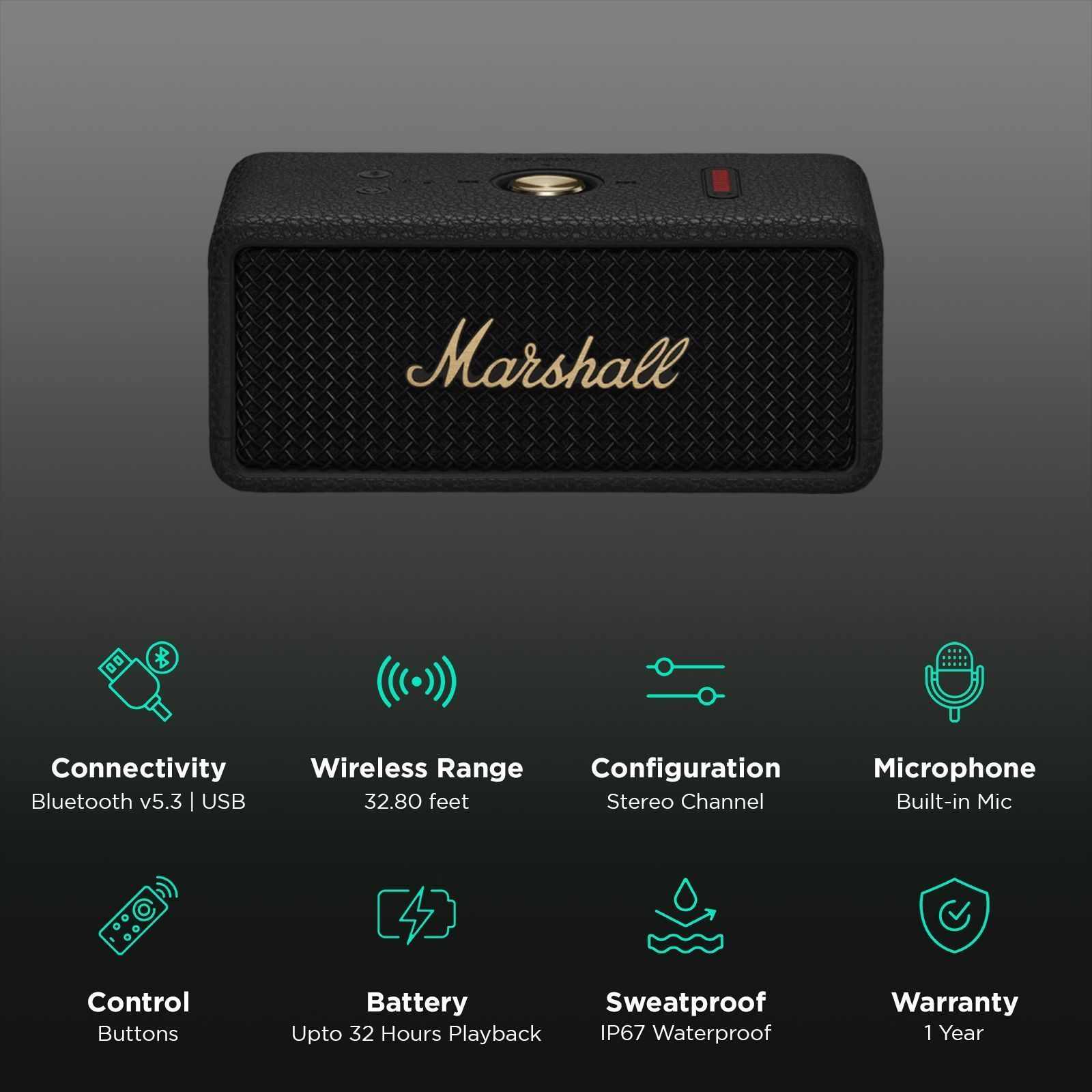 Marshall Emberton III 20W Portable Bluetooth Speaker (IP67 Dust & Waterproof, 360 Degree Sound, Stereo Channel, Black & Brass) Marshall Emberton III 20W Portable Bluetooth Speaker (IP67 Dust & Waterproof, 360 Degree Sound, Stereo Channel, Black & Brass)_2